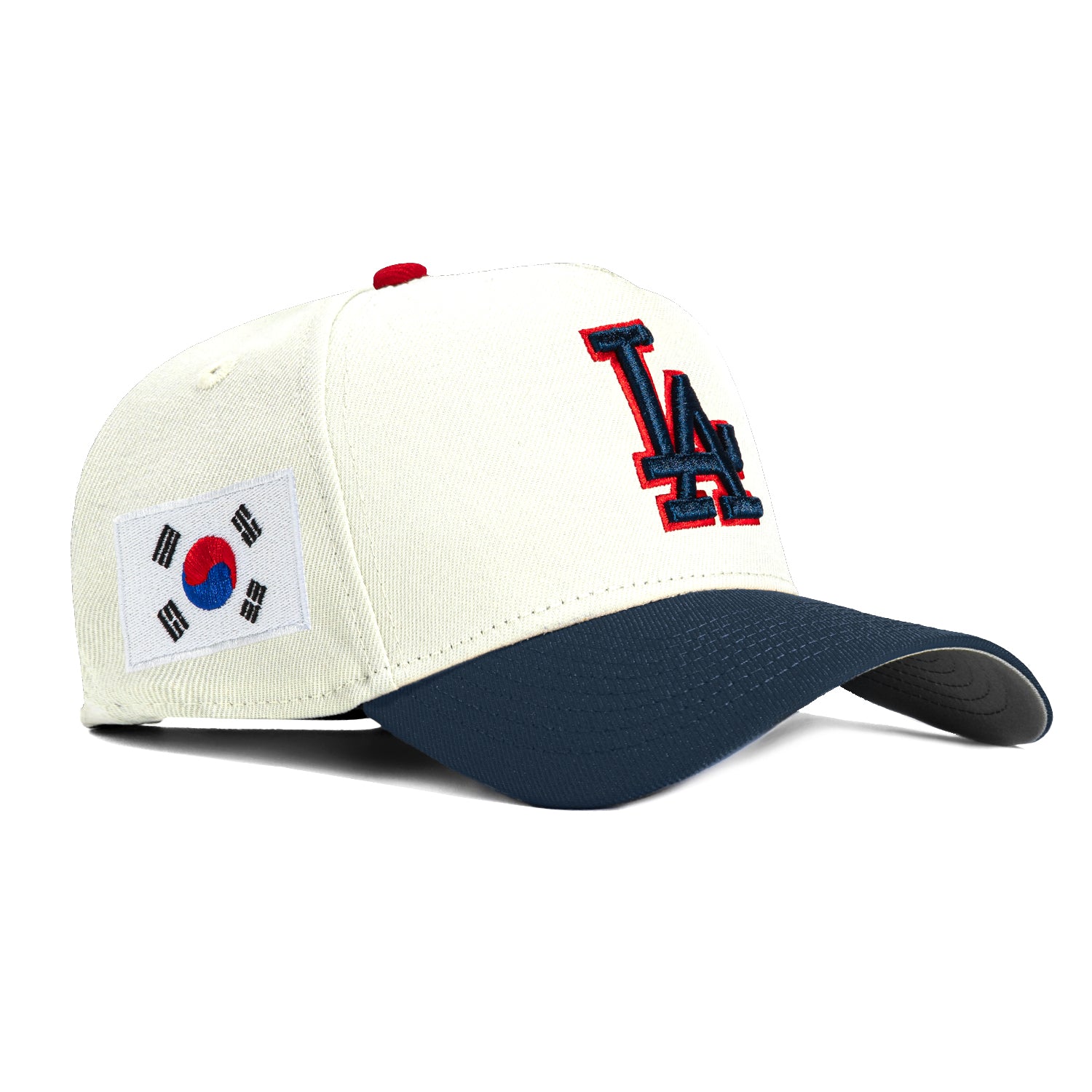 New Era 9Forty A-Frame Los Angeles Dodgers Korea Flag Patch Snapback Hat - White, Navy, Red | Adjustable Baseball Cap for Men & Women | Perfect for Baseball Games, Streetwear Fashion & Gift Giving