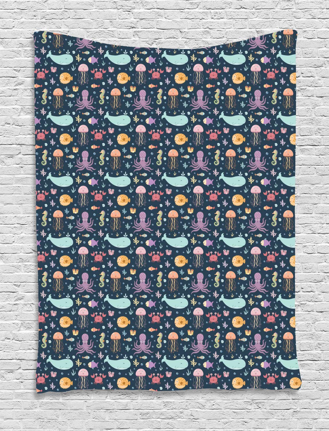 Ambesonne Cartoon Ocean Tapestry - Colorful Jellyfish Whale Octopus Crab Bubbles Design - Large 60x80 Inch Wall Hanging for Bedroom, Living Room, Dorm Decor - Perfect for Kids Room, Beach Theme Party & Nursery Wall Art - Multicolor