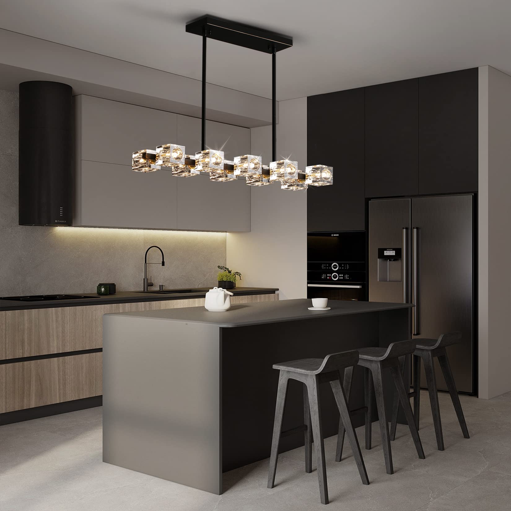 Modern Crystal Chandelier Semi-Flush Mount Ceiling Light - 10-Light Black Metal Crystal Pendant Fixture for Dining Room, Kitchen Island, Farmhouse & Living Room | Elegant Lighting for Home Decor & Dinner Parties