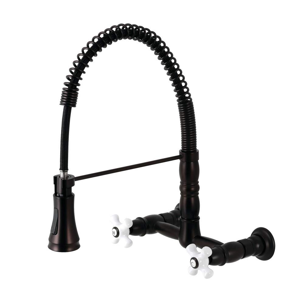 Kingston Brass GS1245PX Heritage Two-Handle Wall-Mount Pull-Down Sprayer Kitchen Faucet - Oil Rubbed Bronze Finish (10.5