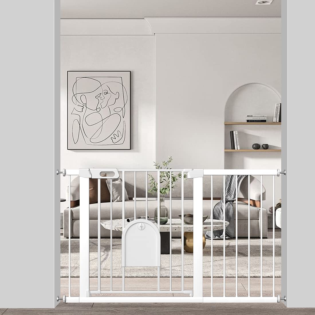 Extra Wide Baby Gate with Cat Door - Pressure Mounted No Drill Safety Gate for Stairs & Kitchen (48.82