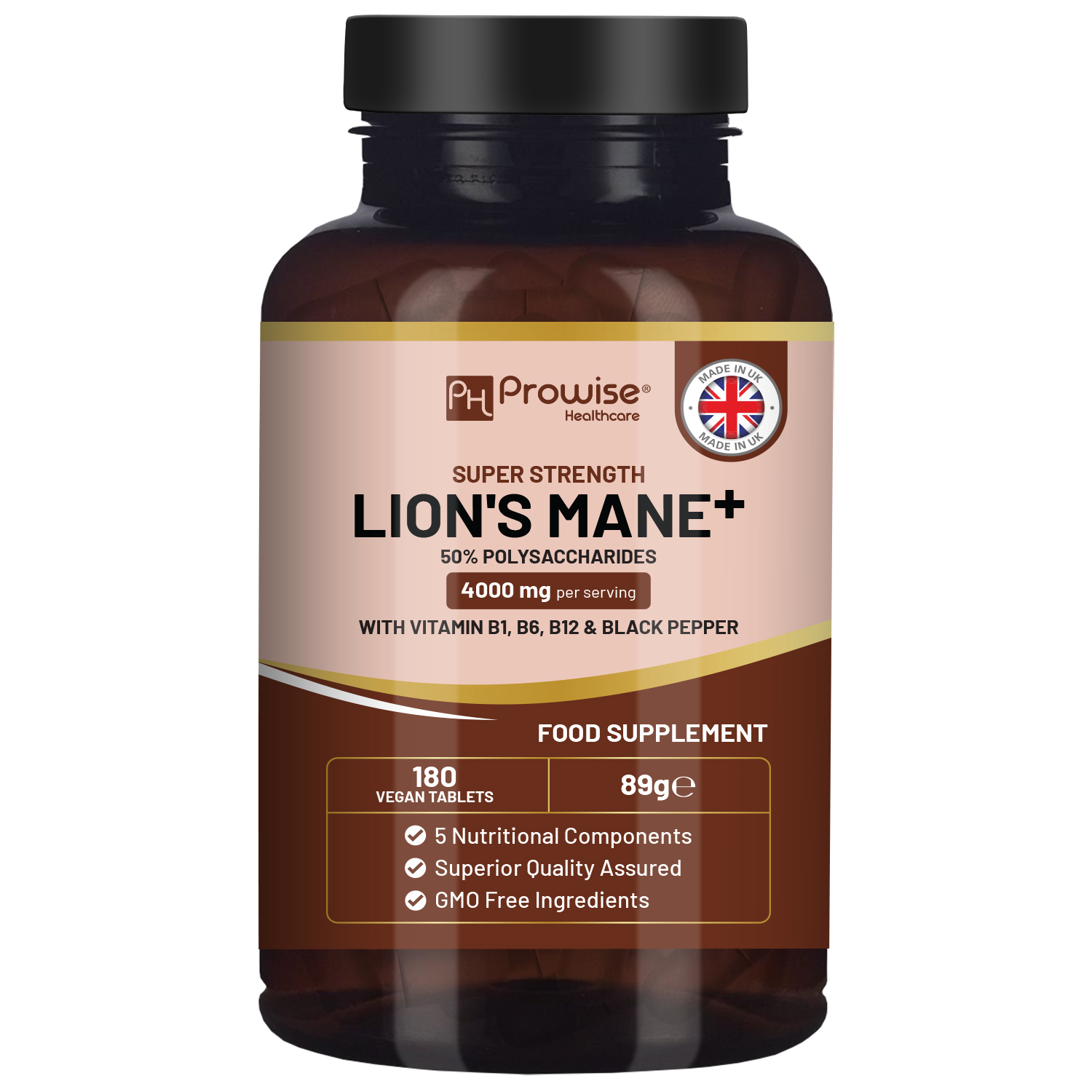 Organic Lions Mane Mushroom Supplement 4000mg - Vegan Brain Booster with Vitamin B1, B6, B12 & Black Pepper Extract | 180 Super Strength Tablets, 50% Polysaccharides | Memory, Focus & Cognitive Support | Made in UK by Prowise