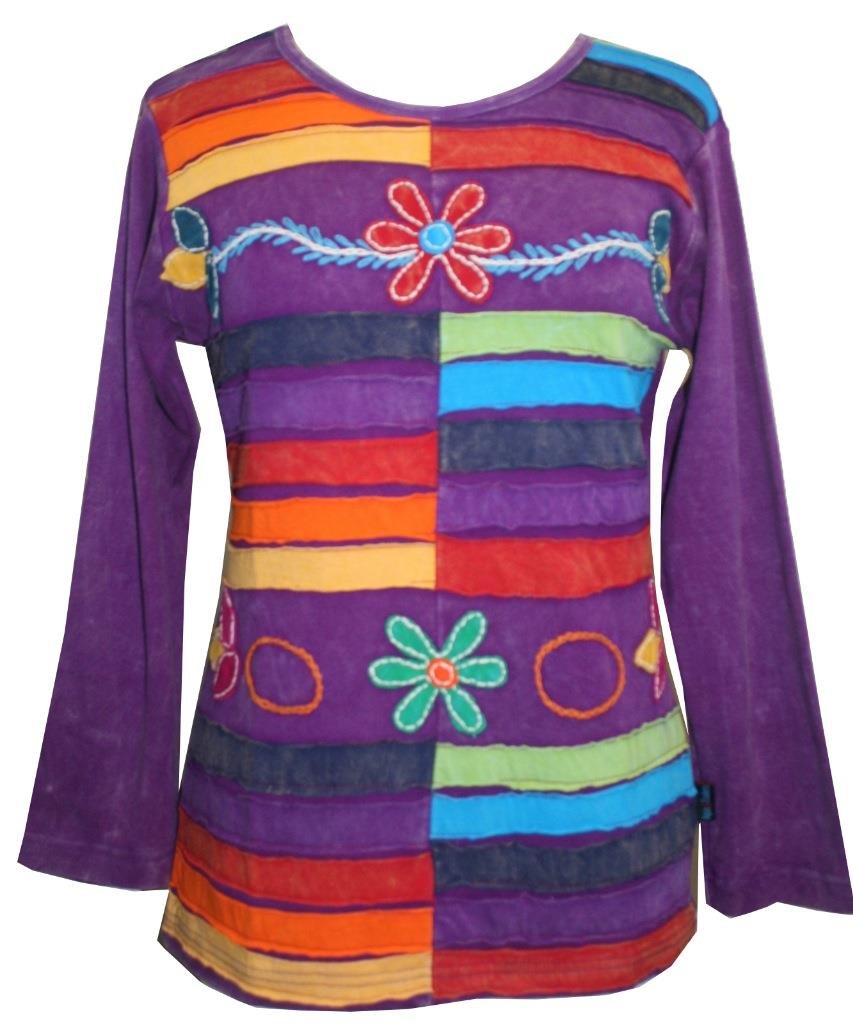 Agan Traders 2025 Spring Women's Bohemian Tie-Dye Knit Jersey Patch Razor Cut Embroidered Long Sleeve Sweatshirt Top Blouse - Casual Chic Outfit for Music Festivals, Street Style & Boho Fashion