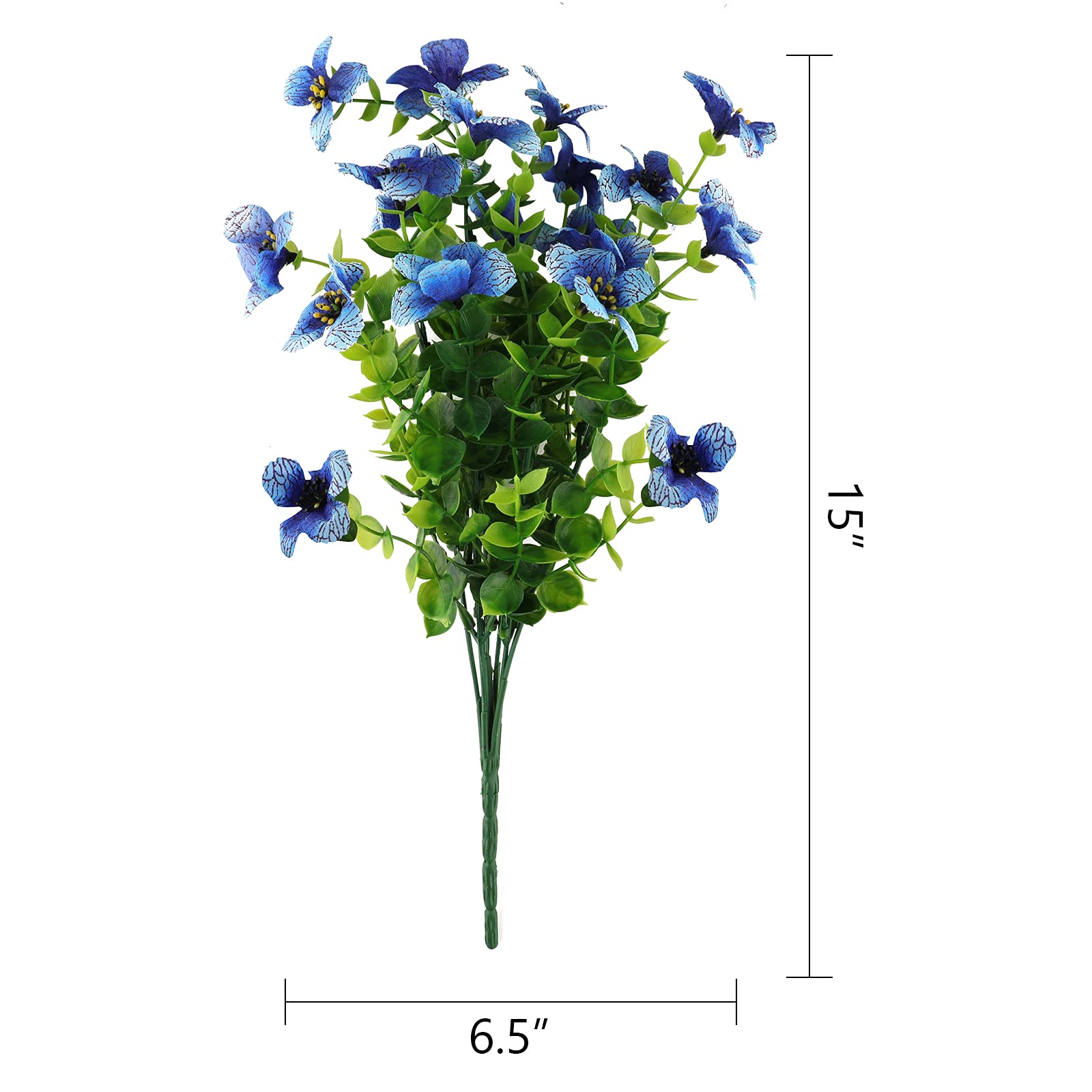 GREENRAIN 6 Bundles UV Resistant Artificial Flowers - Fake Outdoor Plants for Garden, Window Box & Porch Decor - Faux Plastic Flowers in Blue - Perfect for Home, Patio and Wedding Decorations