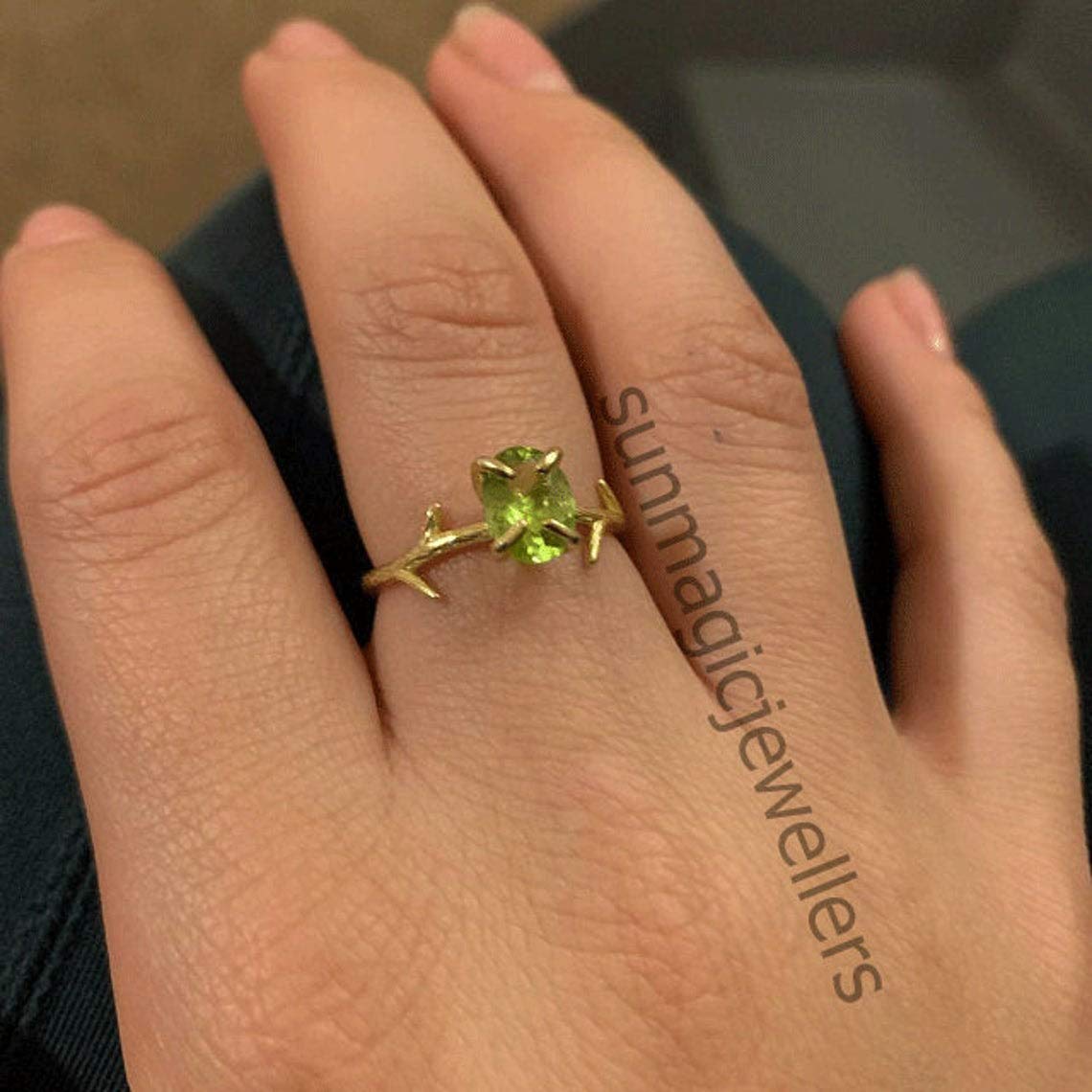 925 Sterling Silver Rose Gold Twig Ring with August Birthstone Peridot - Elegant Gemstone Engagement Ring for Women, Perfect for Anniversary, Wedding & Everyday Wear