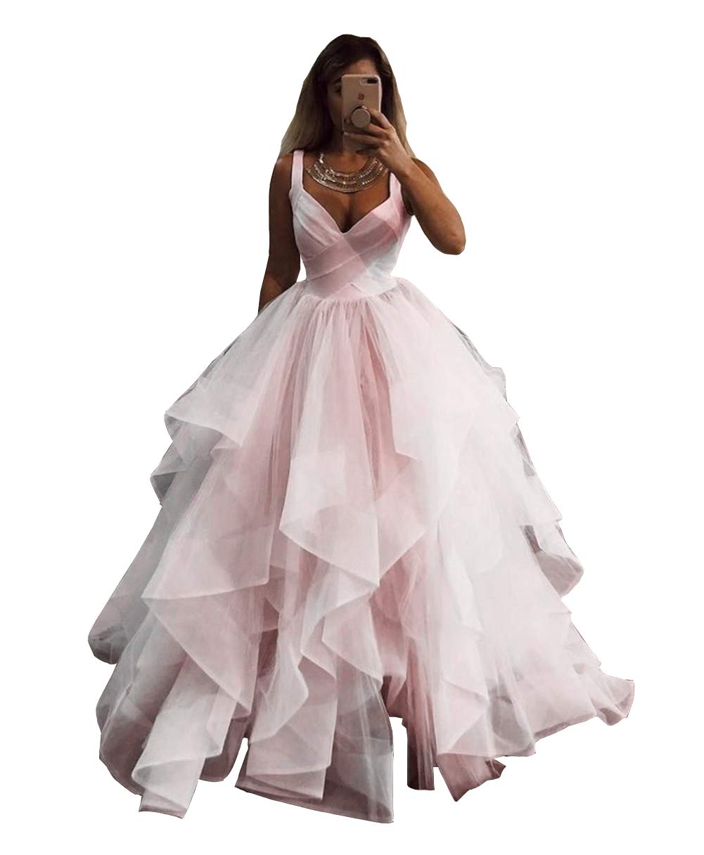 Emanni Women's Light Pink Organza Ruffles Sleeveless Ball Gown Wedding Dress for Bride - Perfect for Beach Weddings, Garden Ceremonies & Formal Evening Receptions