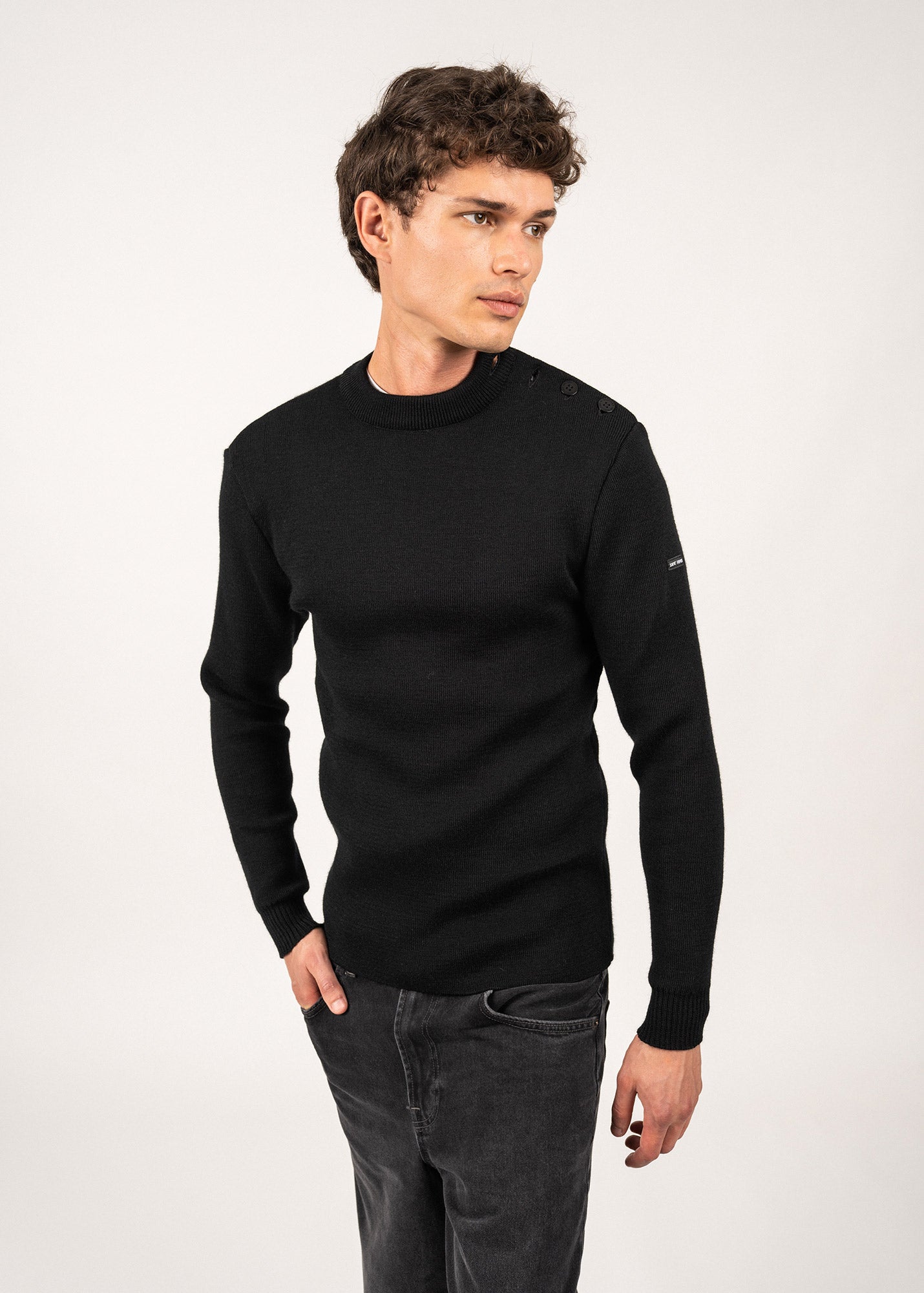 MATELOT Men's Slim Fit Wool Fisherman Sweater with Button Shoulder - Warm Winter Knit Pullover for Casual Outfits & Outdoor Activities (Black)