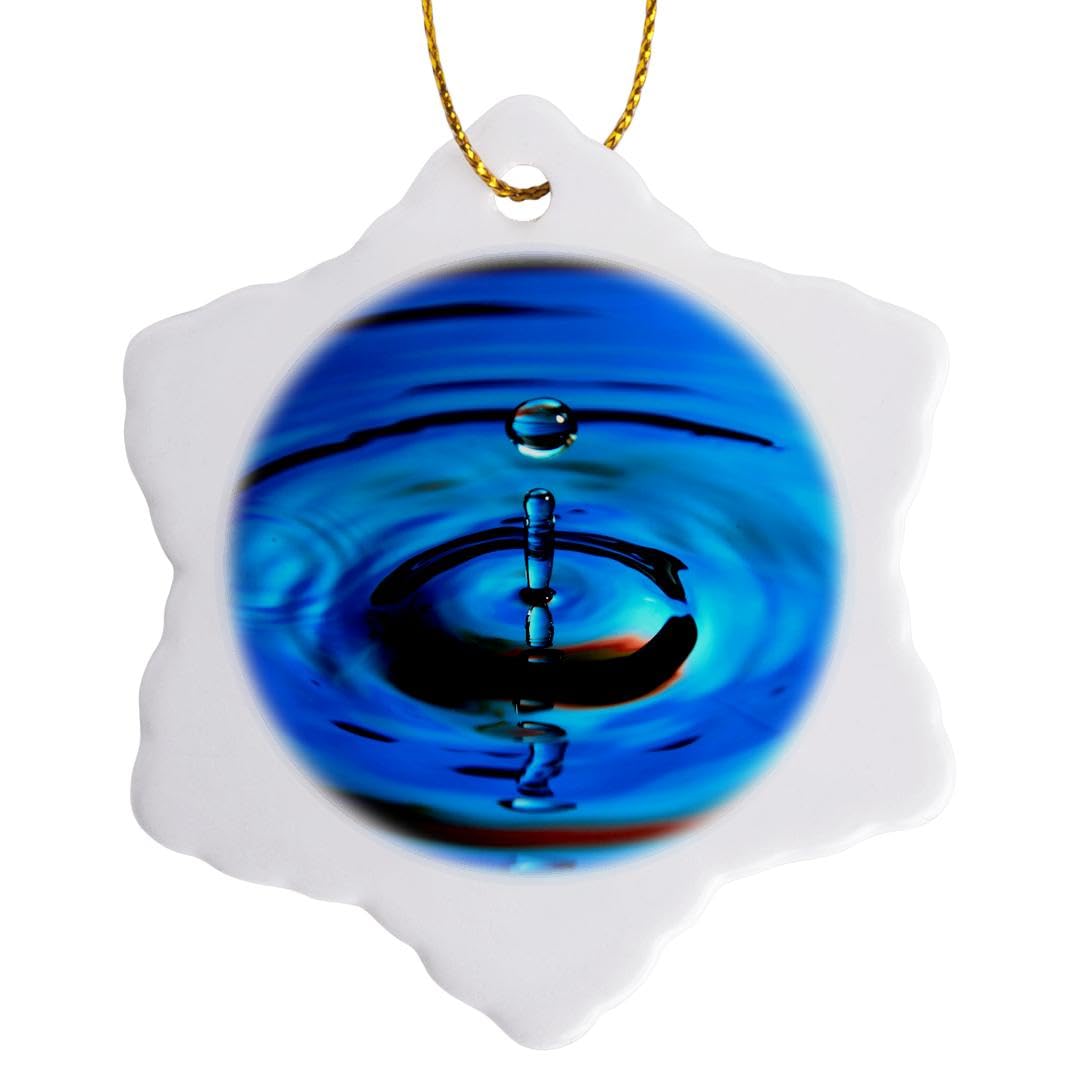3 Inch Snowflake Porcelain Ornament - Blue Water Droplet Photography Christmas Tree Decoration for Holiday Home Decor & Gift Giving