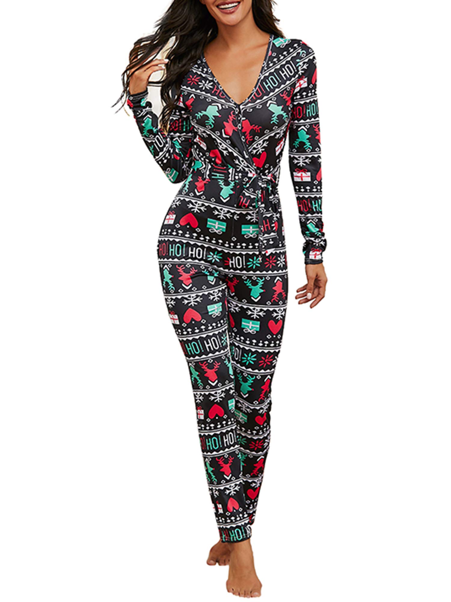 SUNSIOM Women's Sexy Long Sleeve V-Neck Christmas Print Bodycon Jumpsuit Romper - Party Outfit, Holiday Wear, Festive Fashion, Club Dress, Christmas Celebration Outfit