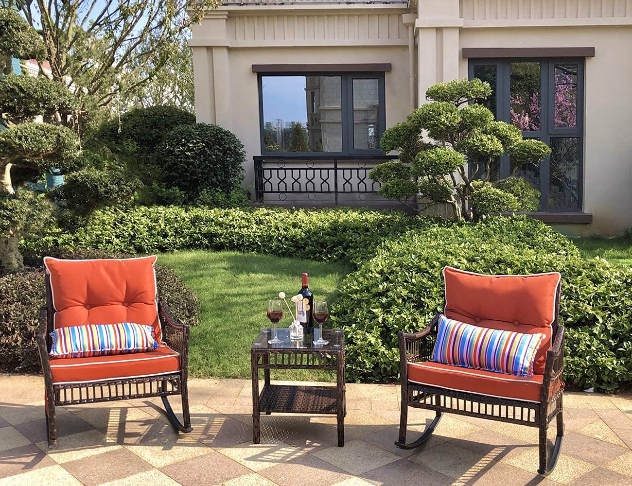 DECMICO 3-Piece Outdoor Wicker Rocking Chair Set with Glass Coffee Table & Cushions - Patio, Garden, Balcony, Porch Furniture for Relaxing Conversation Areas