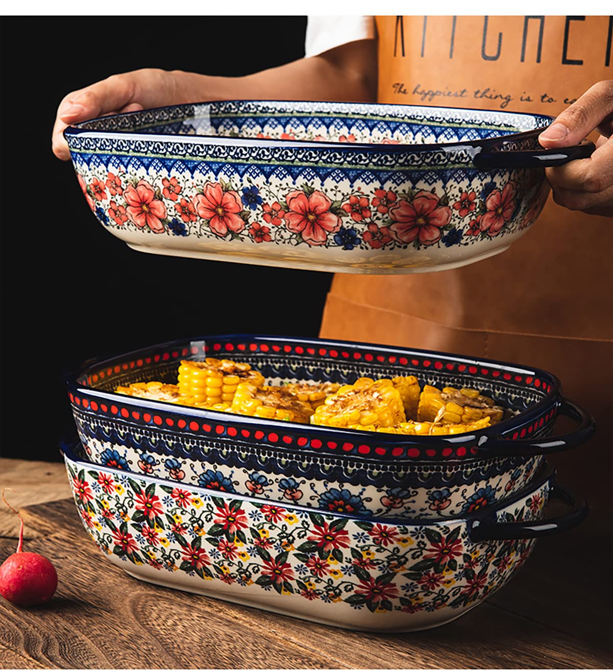 Vintage Style Ceramic Casserole Dish - 60oz Large Capacity Baking Pan for Lasagna, Casseroles & Oven Cooking - Heavy Duty Pottery Bakeware with Handles - Perfect for Family Dinners, Holiday Meals & Kitchen Baking