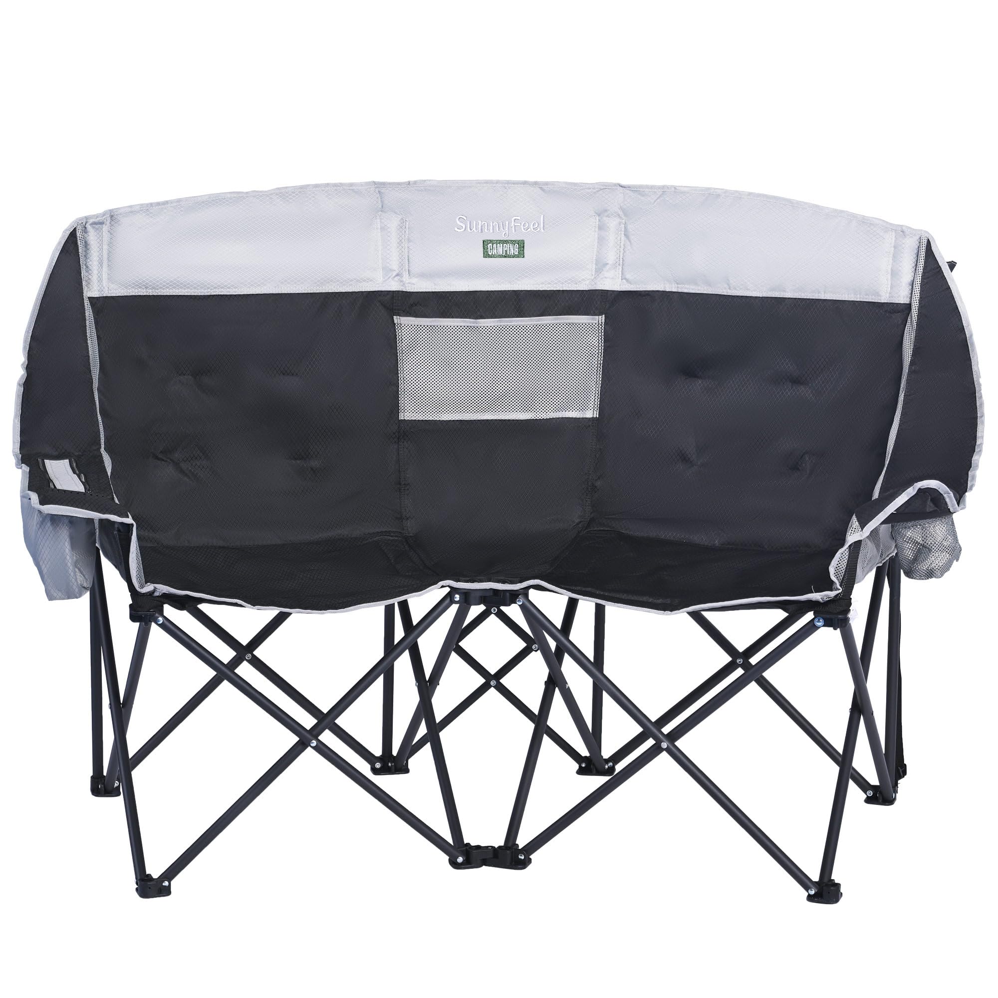 SunnyFeel Heavy Duty Folding Double Camping Chair - Oversized Portable Loveseat with Storage Pouch & Cooler for Outdoor, Travel, Picnic, Beach, Backyard - Foldable 2-Person Camping Chairs for Adults - Perfect for Camping Trips, Tailgating, and Outdoor Events