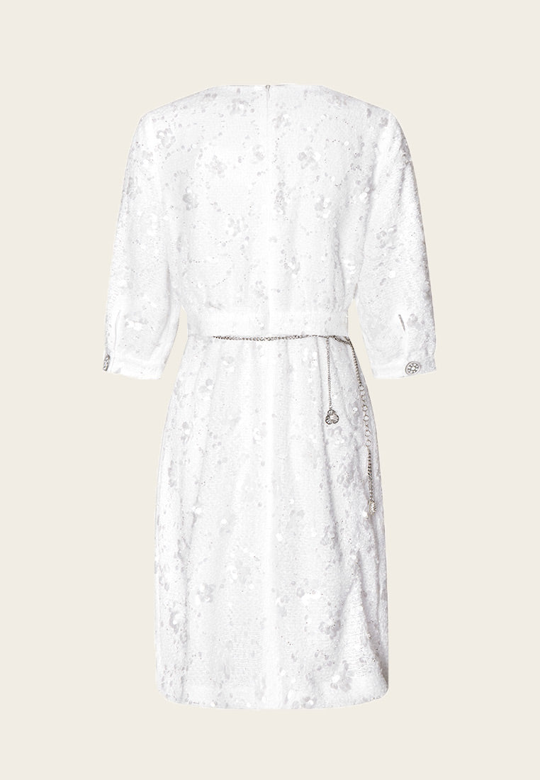 Elegant White Tweed Sequin Beaded Dress with Chain Belt - Perfect for Evening Parties, Cocktail Events & Special Occasions