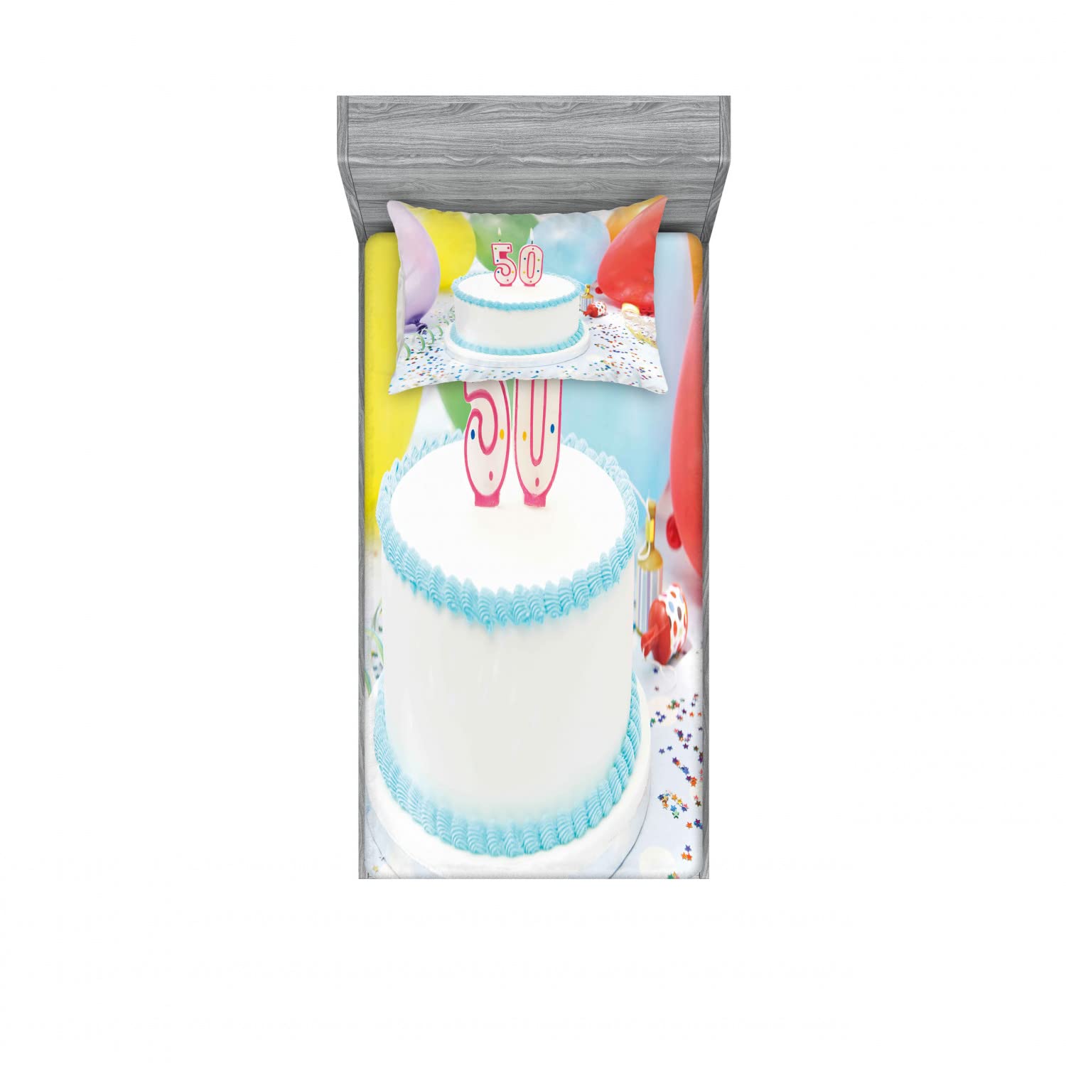 Ambesonne 50th Birthday 2-Pack Twin XL Fitted Sheet & Pillow Sham Set - 4 Piece Bedding Decor with Colorful Cake Party Design - Perfect for Milestone Celebrations & Themed Bedroom Decor