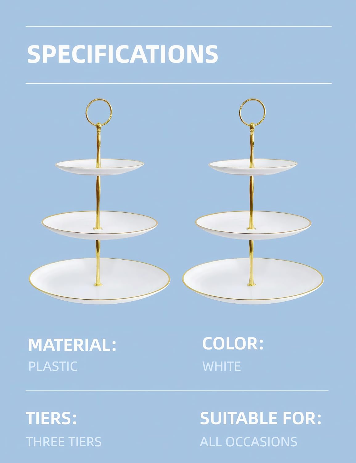 3-Tier Plastic Cupcake Stand for Weddings & Parties - Round White Dessert Stand with Gold Rim - Tiered Serving Cake Display for Pastries, Cakes & Treats (2-Pack) - Perfect for Birthday Parties, Baby Showers & Bridal Events