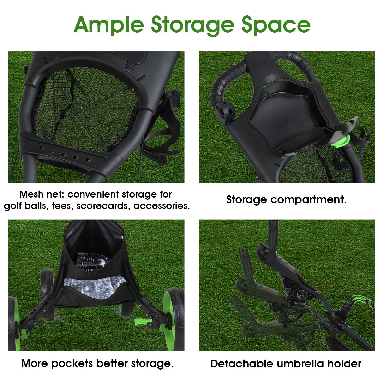 DRUIDS 4 Wheel Golf Push Cart - Lightweight Foldable Golf Trolley with Brake, Cup Holder, Umbrella Holder & Cooler Bag - Perfect for Golfers on the Course or Driving Range