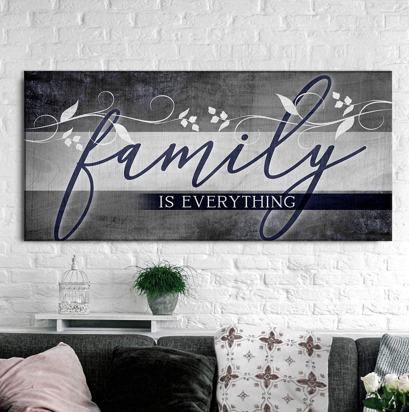Family Is Everything Sign - Framed Wall Art Decor for Farmhouse, Living Room & Housewarming Gifts - Large Canvas Painting (Blue, 42x19) - Perfect for Home, Office & Wedding Decorations