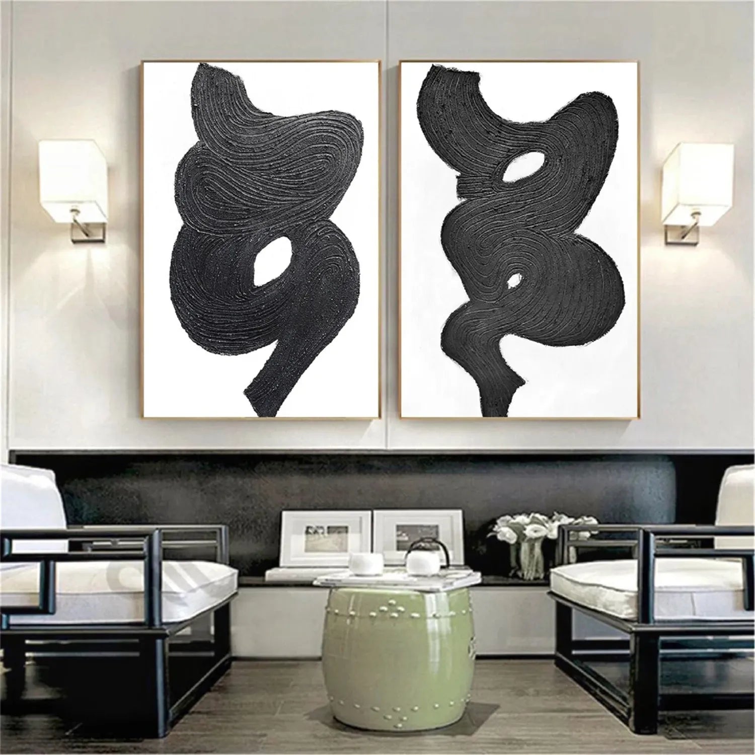 Black and White Textured Minimalist Wall Art Set of 2 - Modern Abstract Canvas Paintings for Living Room, Bedroom & Office Decor #MZ114