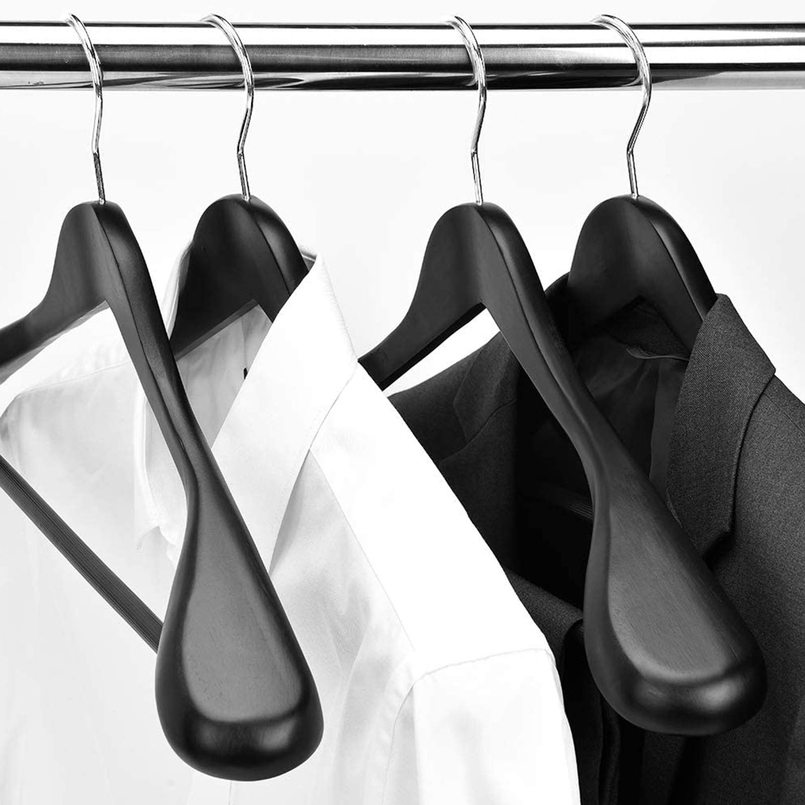 Premium 6-Pack Wooden Suit Hangers with Non-Slip Pant Bar - Extra Wide Shoulder, Smooth Splinter-Free Black Finish for Closet Organization & Luxury Garment Storage