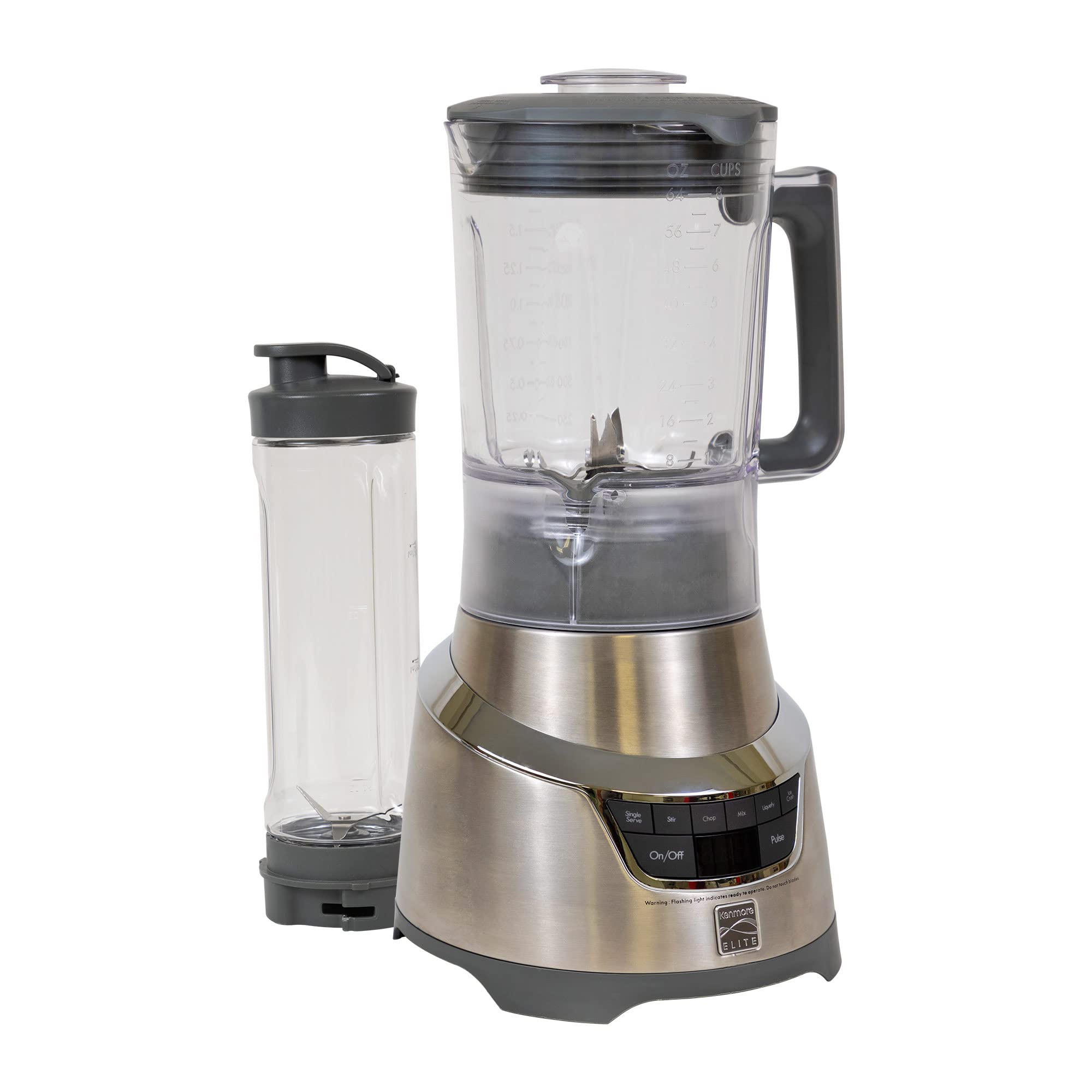 Kenmore Elite 1.3 HP 64 oz High Performance Blender with 20 oz Single-Serve Cup & Travel Lid - Grey Stainless Steel - Perfect for Smoothies, Protein Shakes & Meal Prep at Home or On-The-Go