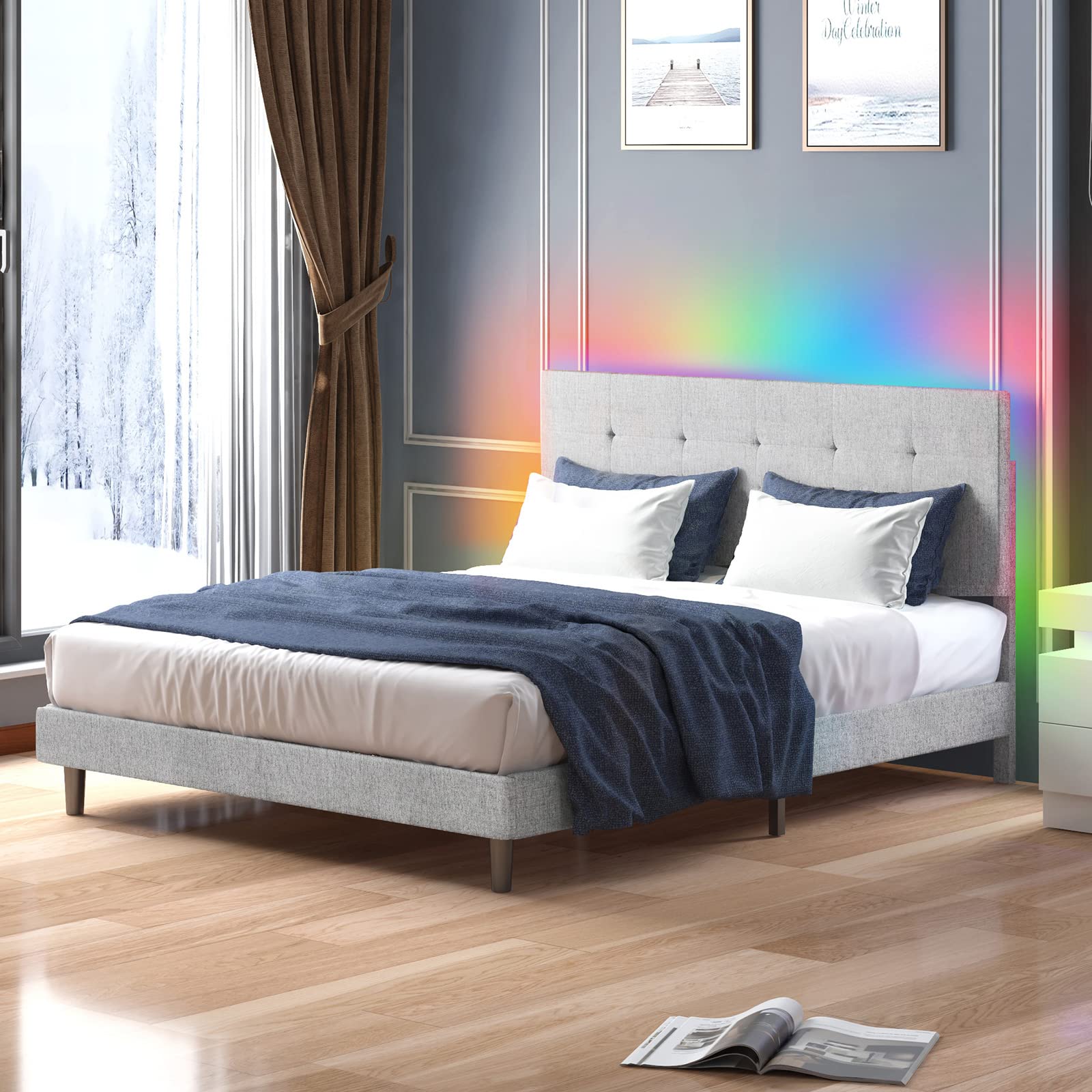 Full Size Bed Frame with Smart RGB LED Lights - Button Tufted Upholstered Platform Bed with Adjustable Headboard, Linen Fabric, No Box Spring Needed (Light Grey) - Perfect for Modern Bedrooms, Gaming Rooms & Teen Rooms