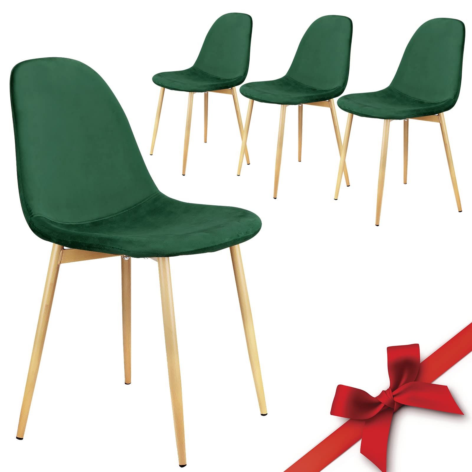 Set of 4 Mid Century Modern Velvet Upholstered Dining Chairs with Metal Legs - Dark Green Kitchen Side Chairs for Dining Room & Breakfast Nook