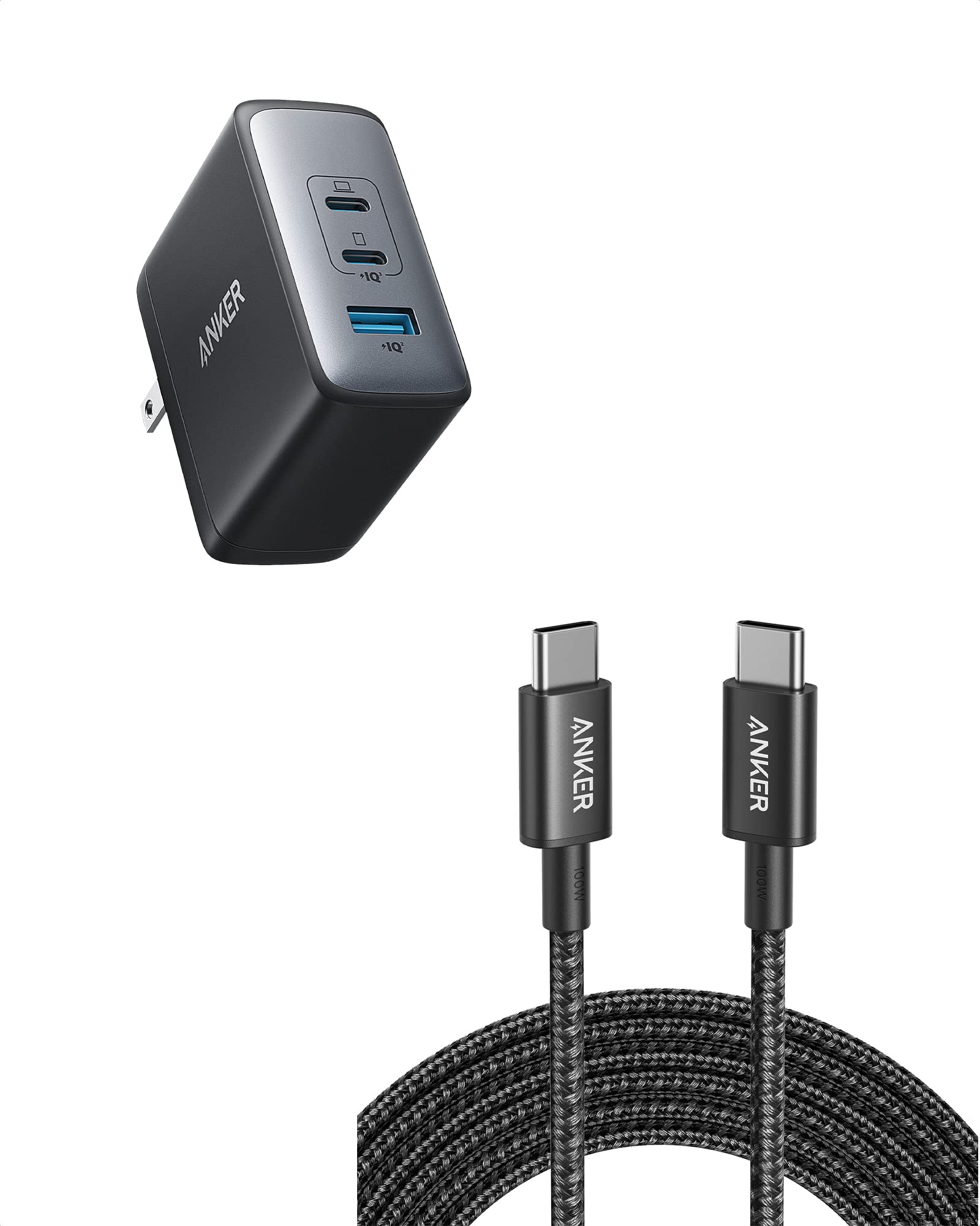Anker 100W USB C Wall Charger (Nano II) - 3-Port Fast Compact Charger with 10ft USB C to C Cable - GaN Tech for MacBook Pro/Air, iPhone 15, iPad, Samsung Galaxy - Perfect for Travel, Office & Home Charging
