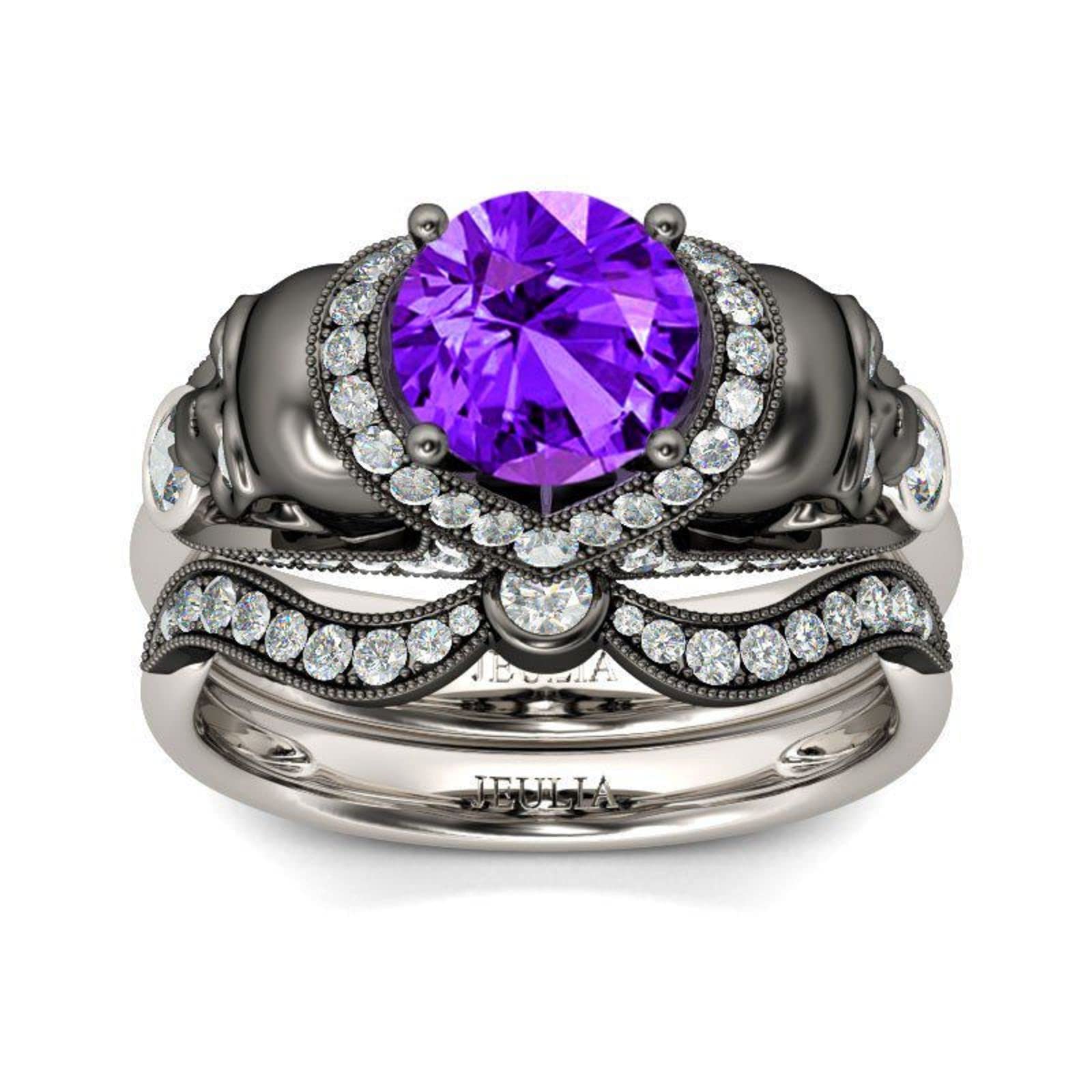 Jeulia 4.97 Carat Twist Skull Ring for Women - Sterling Silver Two Tone Round Cut Diamond Bridal Set, Black Plated Engagement Promise Ring with Jewelry Gift Box - Perfect for Weddings, Anniversaries & Gothic Fashion