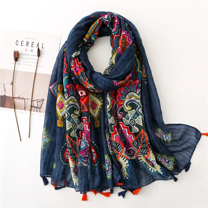 2023 Fashion Paisley Abstract Floral Tassel Viscose Shawl Scarf - Women's Lightweight Pashmina Wrap Stole & Muslim Hijab (180x90cm) - Perfect for Daily Wear, Office, Parties & Prayer