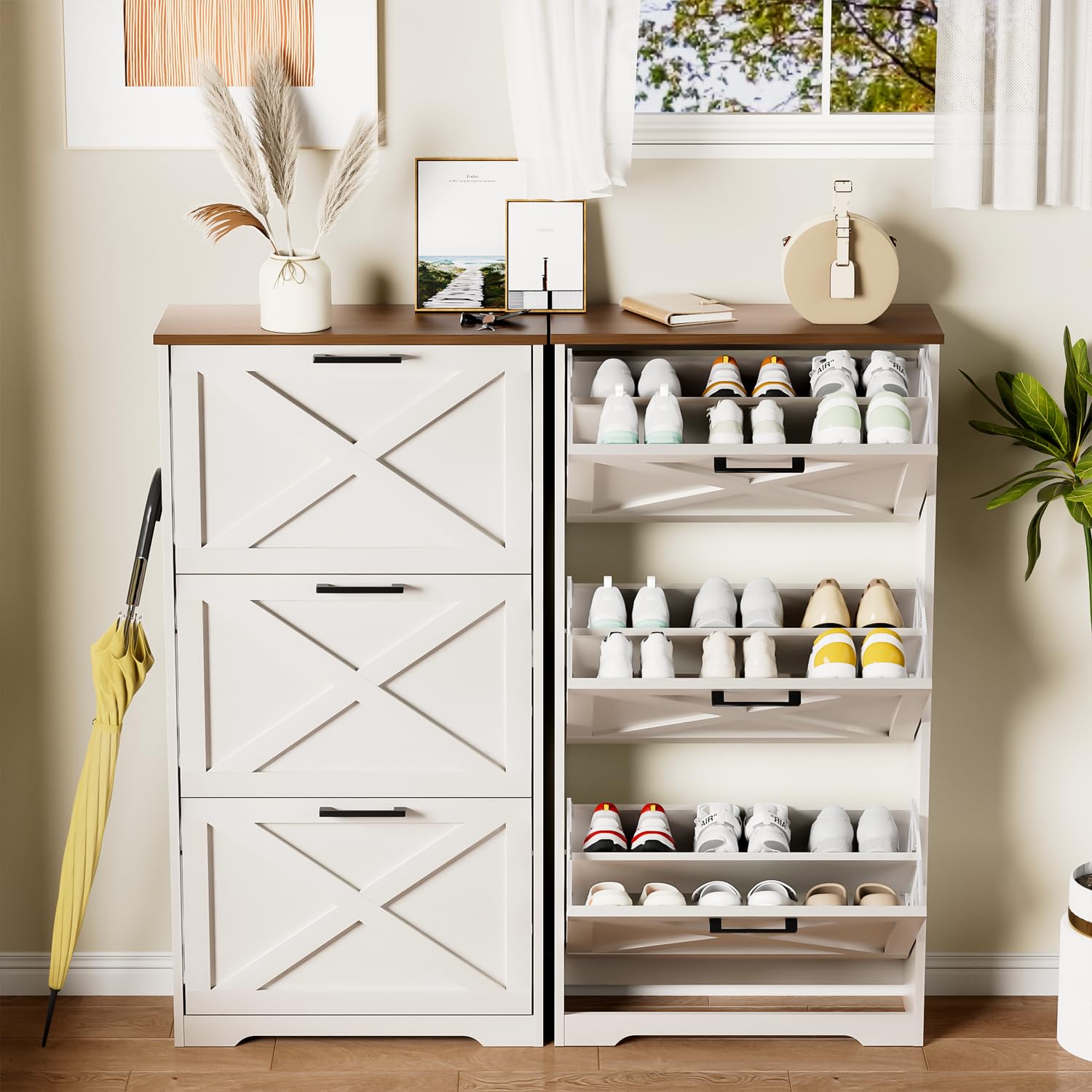 Farmhouse Shoe Cabinet with 3 Flip Drawers - 3 Tier Freestanding Shoe Organizer for Entryway, Hallway & Living Room - Slim Narrow Storage Cabinet (White) - Perfect for Small Spaces & Home Organization