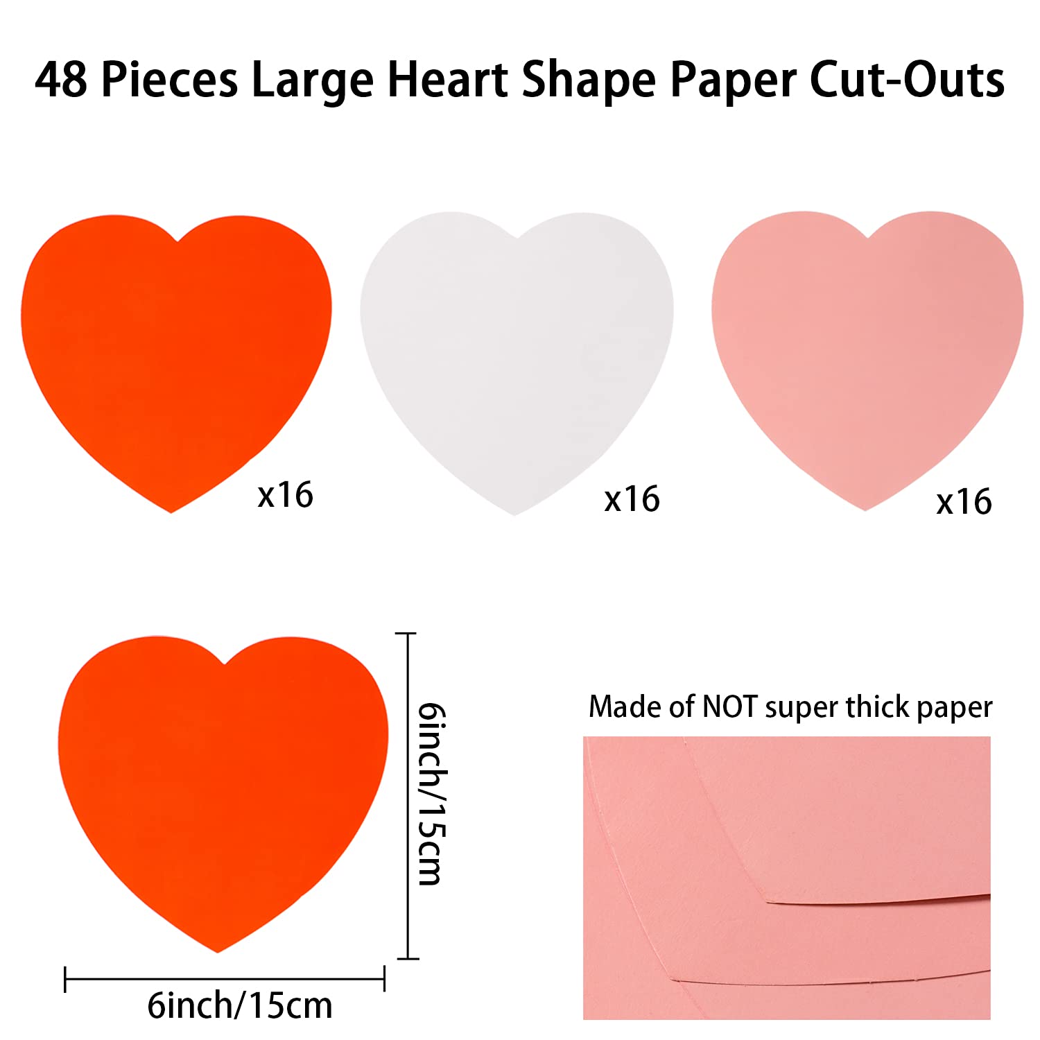 48 Pcs Large Heart Shape Paper Cut-Outs - Double Sided Craft Hearts for Kids’ Love & Peace Projects, Valentine’s Day Decorations, Classroom Activities, Party Supplies (Red, Pink, White)