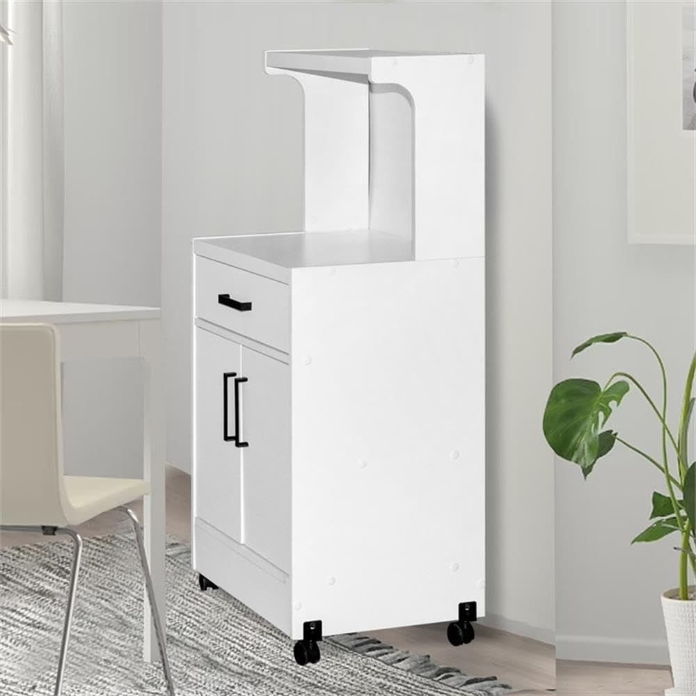 Better Home Products Shelby White Wooden Microwave Cart - Compact Kitchen Storage with Wheels for Small Spaces, Apartments & Dorm Rooms