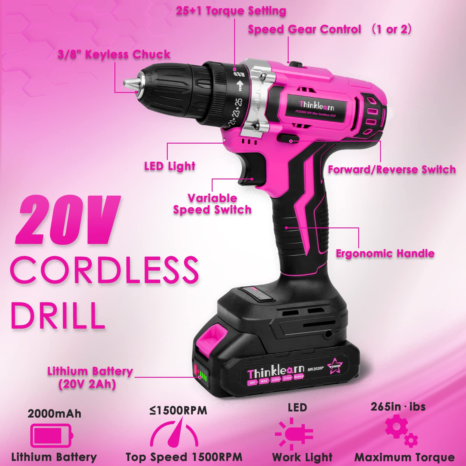 20V Cordless Drill Tool Kit (265in-lbs Torque) - Pink Power Tool Set for Women | Home Repair & DIY Projects | Includes Large Capacity Storage Bag - Perfect for Woodworking, Furniture Assembly & Household Fixes