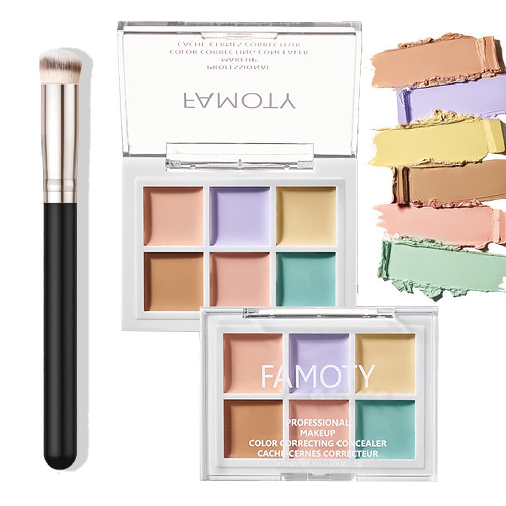 6 Color Correcting Concealer Palette with Brush - Cream Contour Makeup Kit for Dark Circles, Redness & Scars - Tattoo Cover Up - Light to Medium Skin Tones | Professional Makeup for Flawless Coverage, Photo Shoots & Everyday Wear