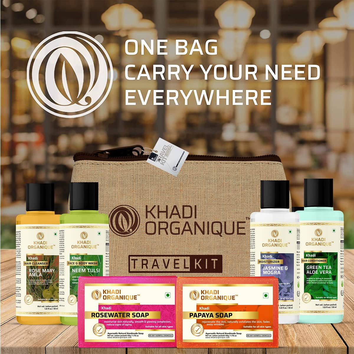 Khadi Organique Travel Grooming Kit for Men & Women - 6-Piece Set (2 Soaps, Shampoo, Conditioner, Moisturizer, Face Wash) - Perfect for Travel, Camping & Gym Essentials