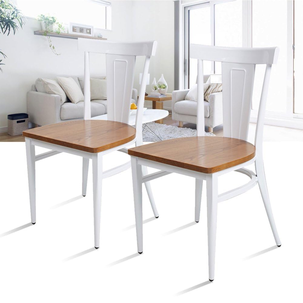 Heavy Duty Commercial Stackable Dining Chairs Set of 2 - 500lbs Capacity Wood Seat & Metal Frame Chairs for Restaurant, Kitchen, Home - Vintage White Fully Assembled - Perfect for Cafes, Banquets, and Dine-In Spaces