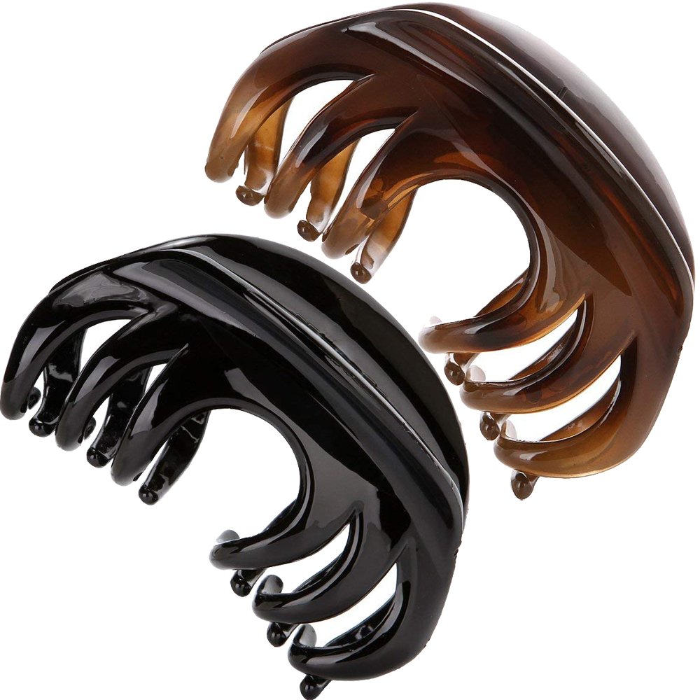 Non-Slip Grip Large Crystal Plastic Octopus Jaw Hair Clips - Banana Claw Clips for Women (12 Teeth, Black & Brown) - Perfect for Updos, Ponytails & Everyday Hairstyles