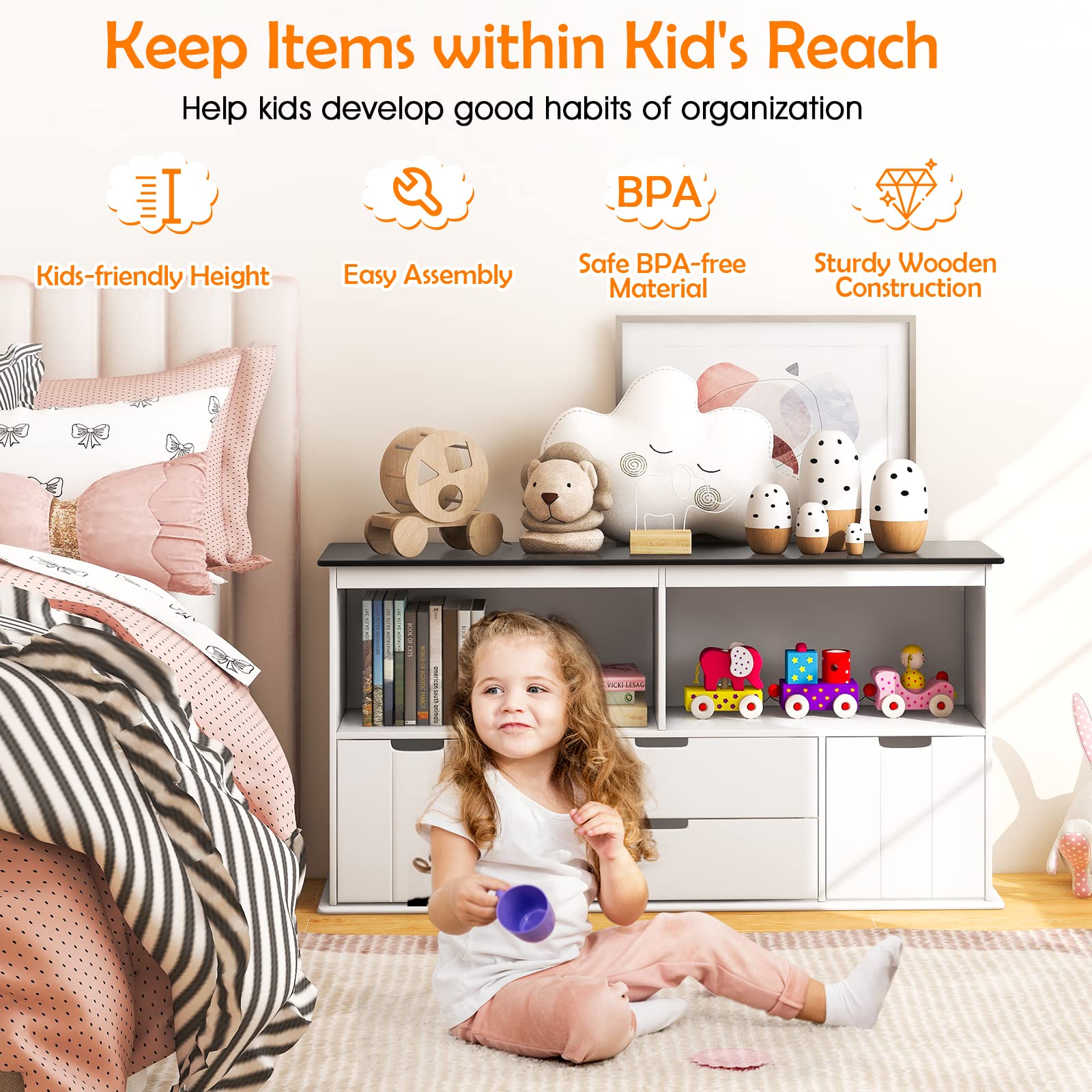 Costzon Kids Toy Organizer & Storage Cabinet with Blackboard - 4 Drawers, 2 Cubbies, Bookshelf for Playroom, Nursery, Living Room - White | Perfect for Organizing Toys, Books & Art Supplies in Daycare, Preschool & Home