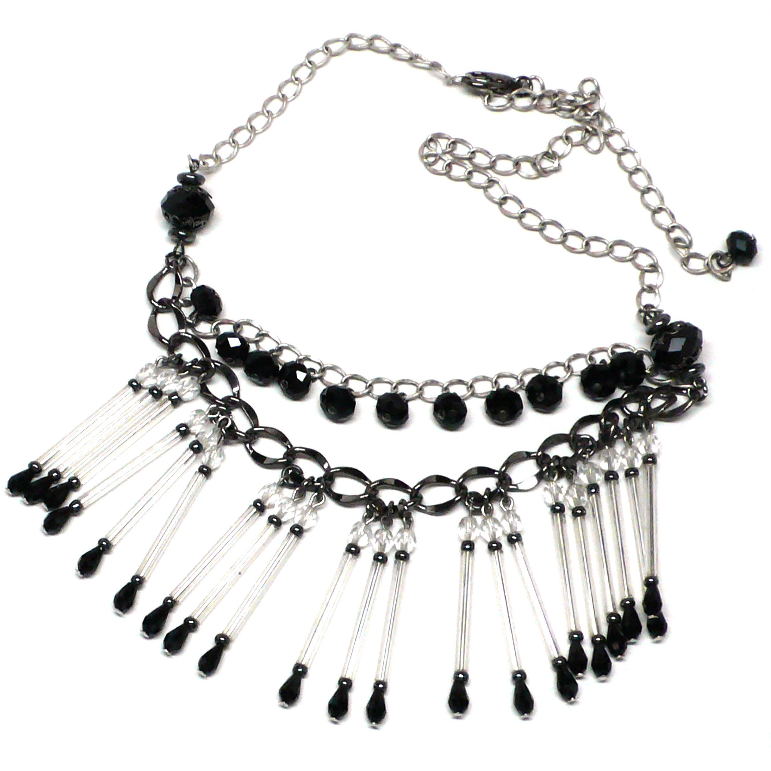 Elegant Silver-Tone Glass Bugle Bead Graduated Statement Necklace for Women | Boho Chic Layered Collar Chain Jewelry | Perfect for Parties, Weddings & Everyday Wear
