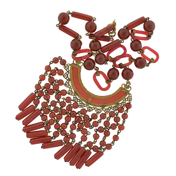 Vintage Art Deco Czechoslovakian Brass & Faux Carnelian Glass Beaded Necklace - 1920s Style Statement Jewelry for Women, Perfect for Evening Parties, Weddings & Retro Fashion Outfits