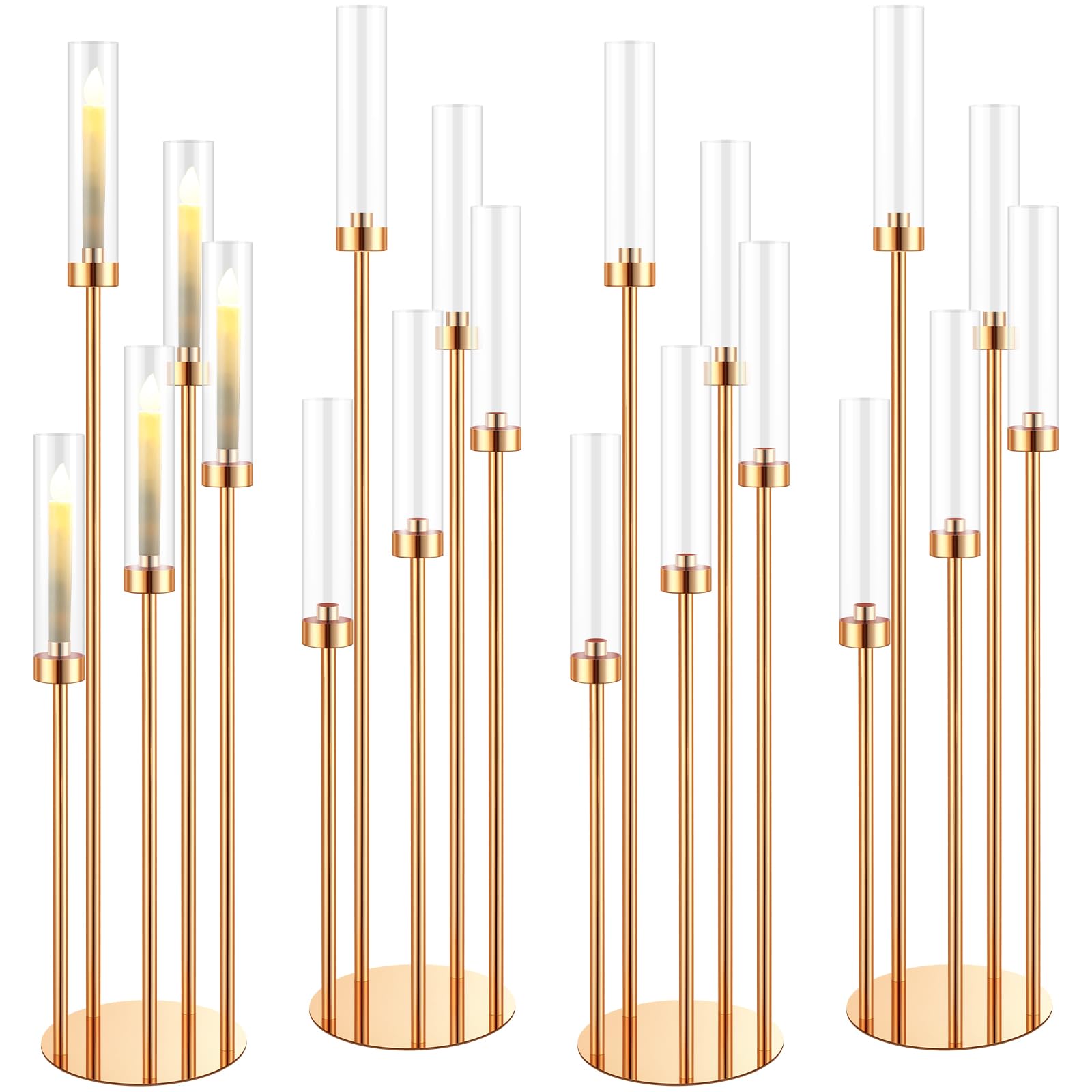 Tessco 4-Piece 42.5'' Tall Gold Metal Floor Candelabra Set with 5 Arms & Acrylic Lampshades - Elegant Candle Holders for Wedding Centerpieces, Party Decor, and Home Decoration - Perfect for Dining Tables, Living Rooms, and Special Events