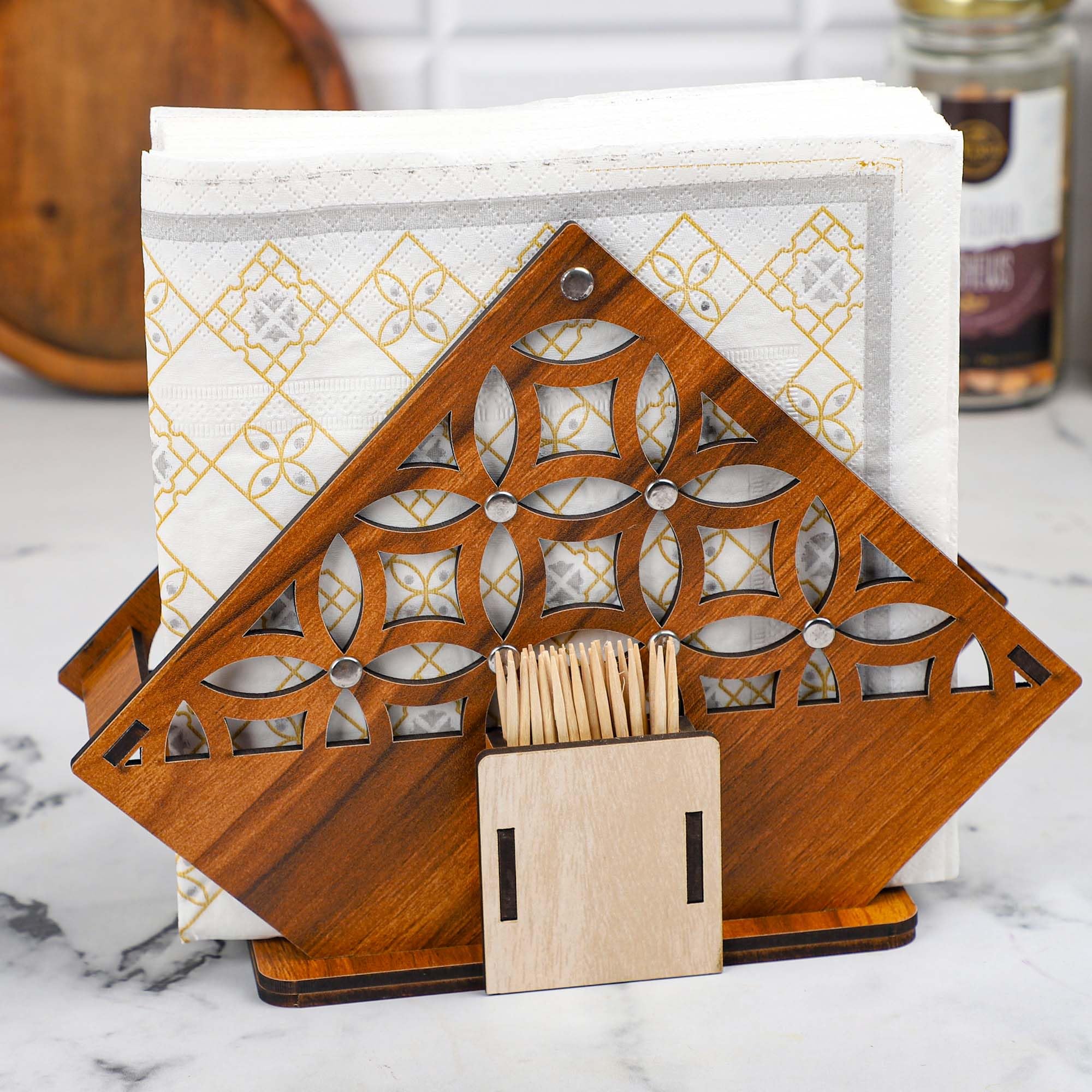 Modern Wooden Tissue Paper Holder with Steel Rivets - Stylish Home & Kitchen Decor for Dining Table, Restaurant, Cafe | Includes Tissue Paper Pack (Perfect for Living Room, Office, Bathroom)