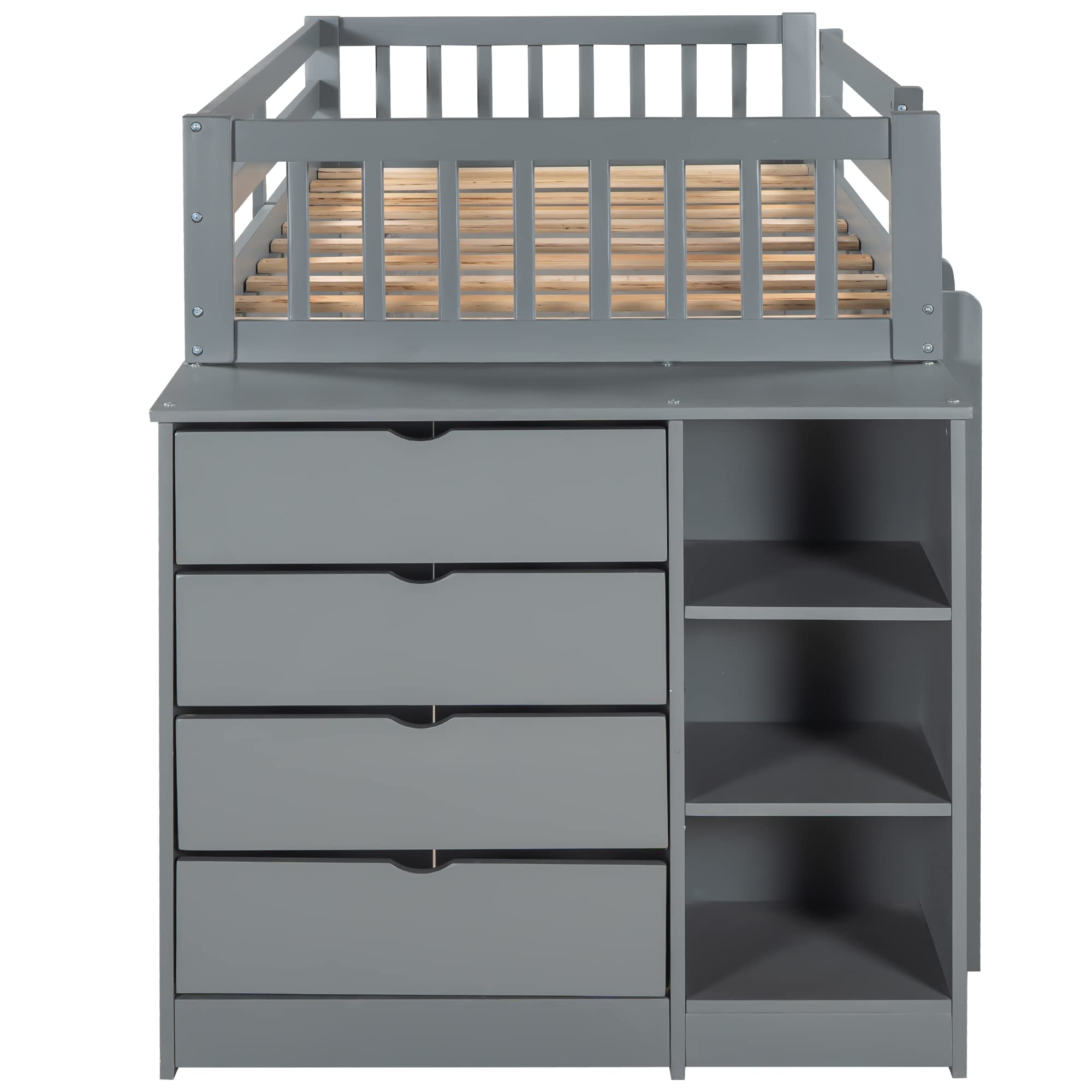 Twin Over Twin Bunk Bed with Storage Cabinet & Shelves - Wooden Low Loft Bed Frame for Kids, Toddlers, Boys & Girls - Modern Grey Bunk Bed with Storage - Perfect for Small Bedrooms, Shared Kids' Rooms & Space-Saving Solutions