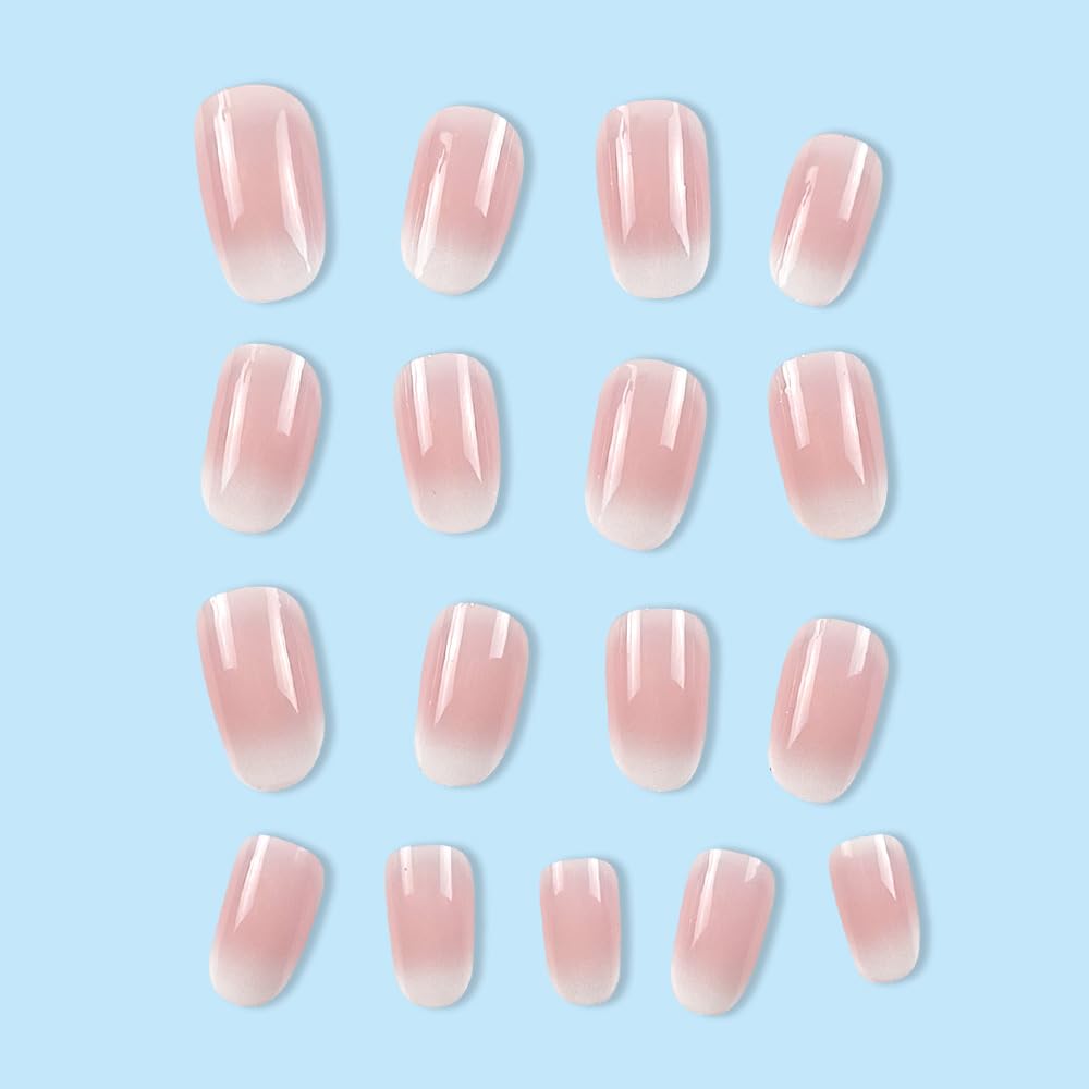24pcs Short Almond Fake Nails - Nude & Pink Ombre Press On Nails with Glossy Finish, Reusable Acrylic Nails for Glue or Press On Application - Perfect for Weddings, Parties & Everyday Wear