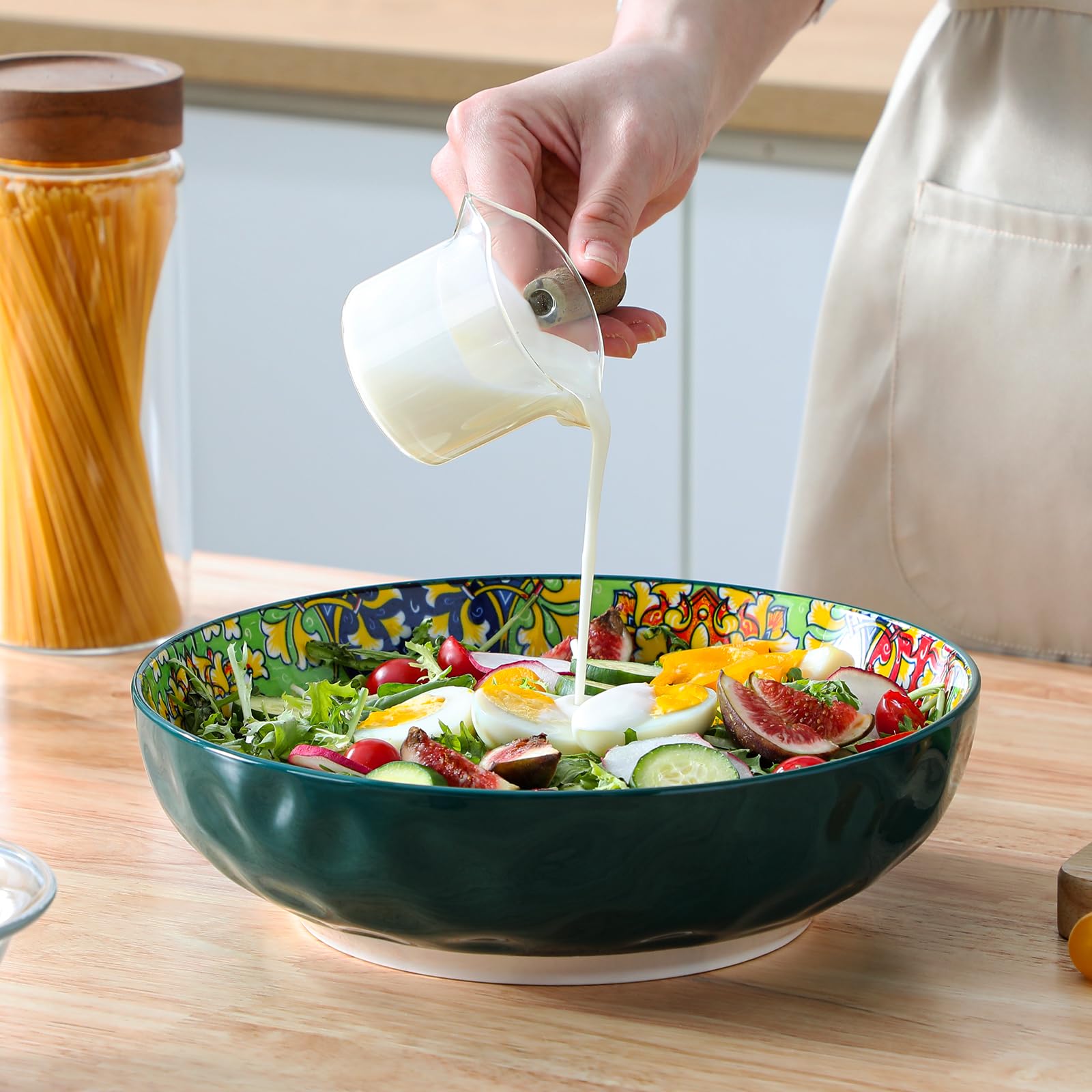 Vancasso 78oz Large Serving Bowls Set of 2 - Extra Big Salad Bowls for Pasta, Fruit & Dinner - Bohemian Style Decorative Dishwasher & Microwave Safe Bowls - Perfect for Parties, Family Gatherings & Restaurant Use - Green