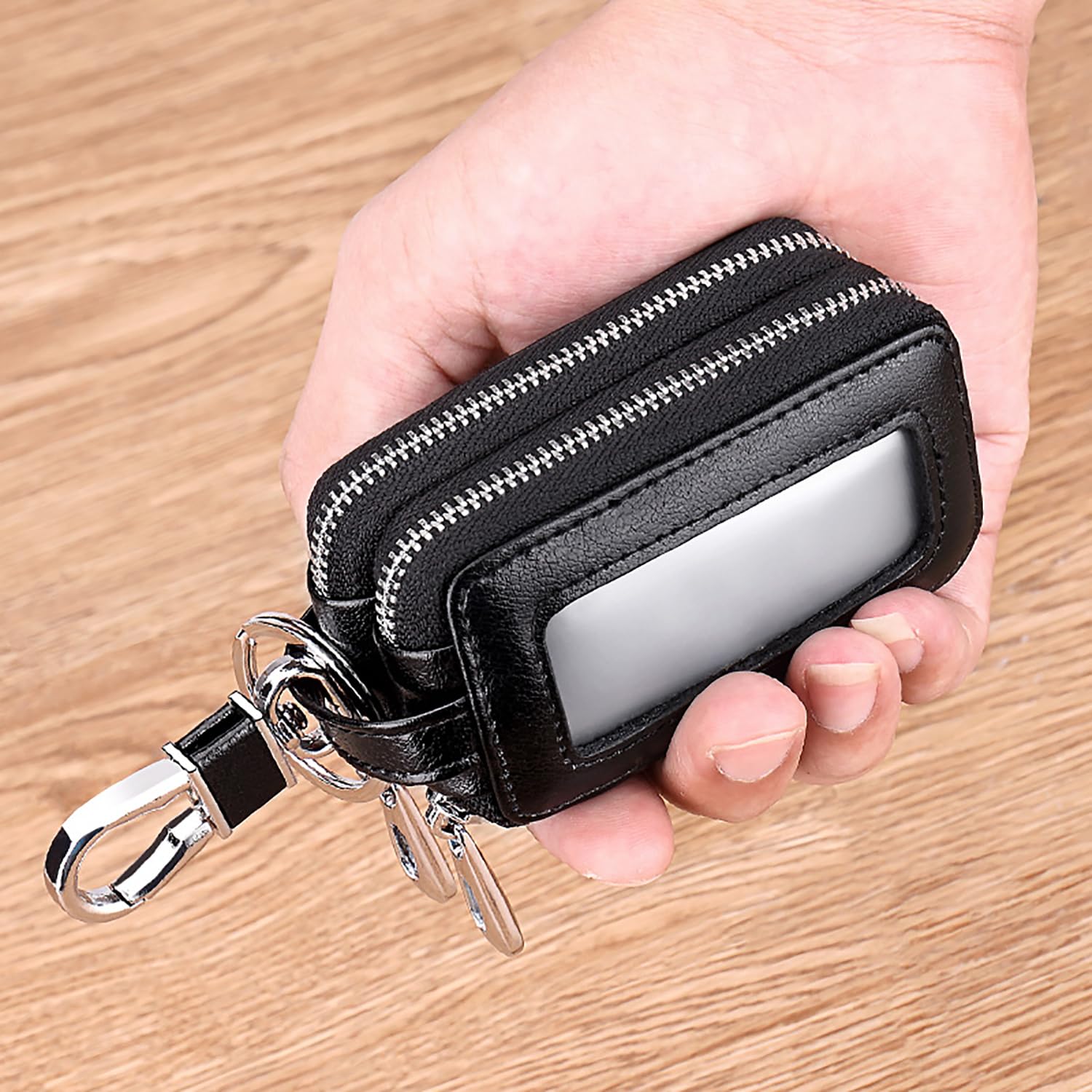 Leather Keychain Wallet with Double Zipper & Clear Window - Premium Key Organizer for Car Keys, Coins & Small Essentials - Perfect for Travel, Work & Everyday Carry