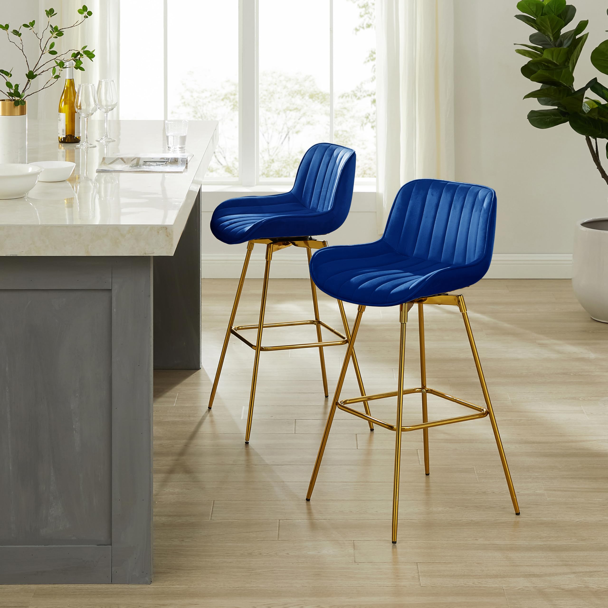 Zouron 4-Piece Swivel Bar Stools Set - Counter Height Bar Chairs with Back & Gold-Plated Metal Legs, Velvet Upholstered Kitchen Island Stools in Blue - Perfect for Kitchen, Dining Room, Bar Counter & Home Decor
