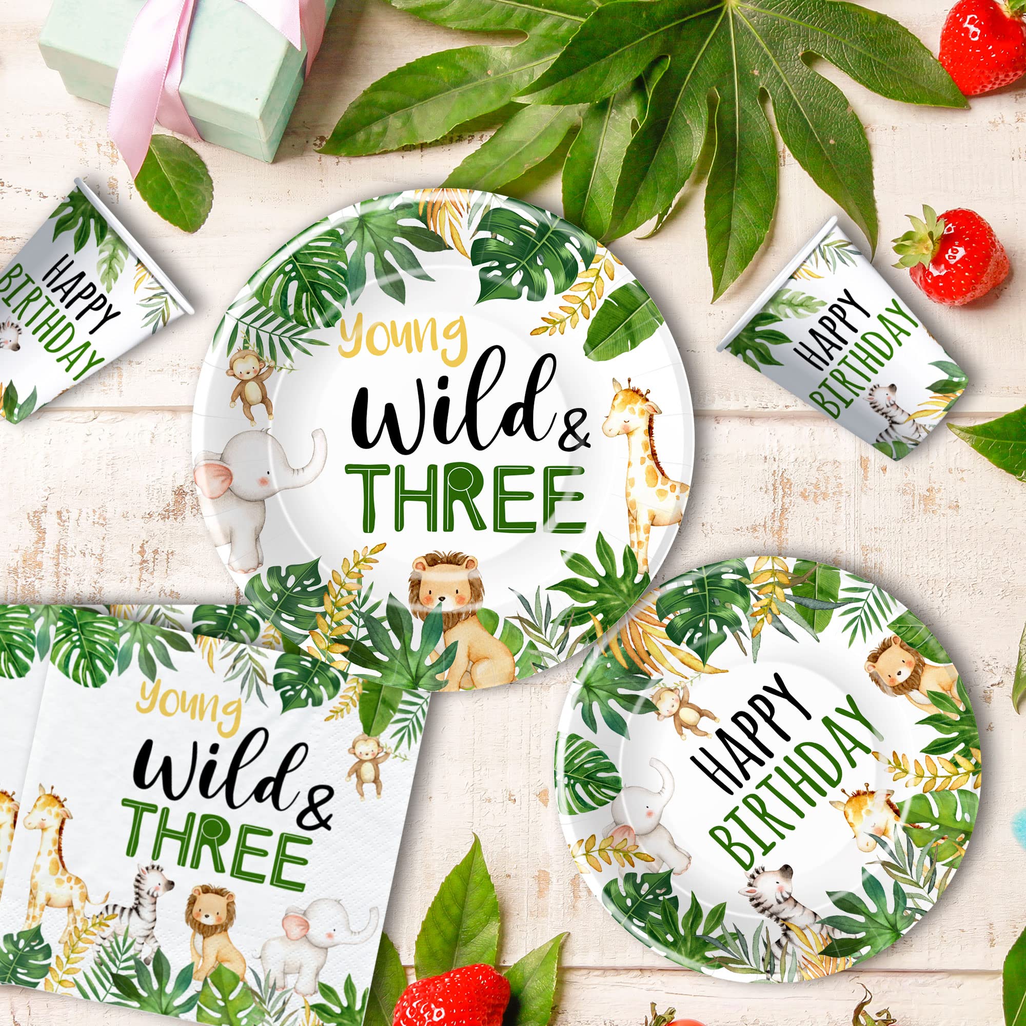 Jungle Animal 3rd Birthday Party Supplies - Wild & Three Decorations Set for Safari Theme (24-Pack) | Includes Tableware, Paper Plates, Napkins, Tablecloth & Forks | Perfect for Kids Birthday Parties, Baby Showers & Zoo-Themed Events