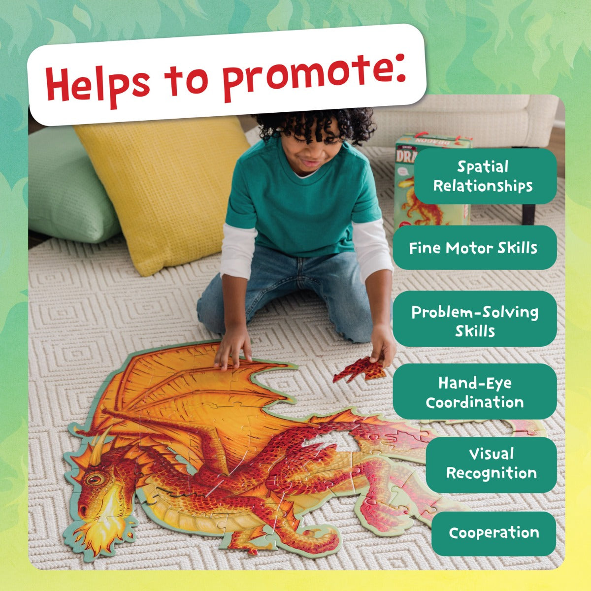 Peaceable Kingdom Shiny Dragon Floor Puzzle - 60-Piece Jigsaw Puzzle for Kids, Fun Educational Toy for Children Ages 4-8 | Perfect for Playrooms, Birthday Gifts & Family Game Nights