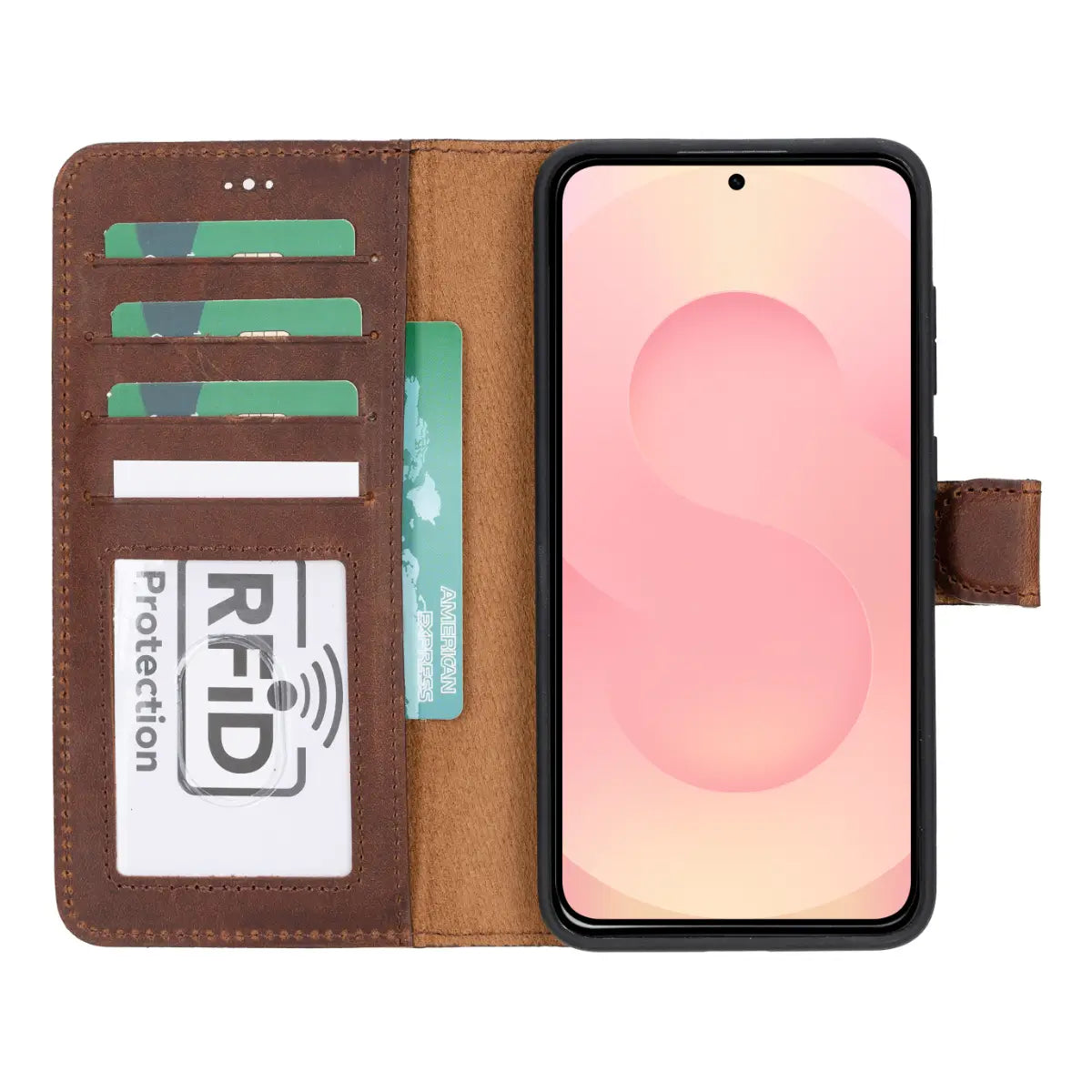 Distressed Brown Magnetic Leather Wallet Case for Samsung Galaxy S25 Plus - Slim Protective Cover with Card Holder & RFID Blocking - Perfect for Everyday Use, Travel & Business (Galaxy S25 Plus)